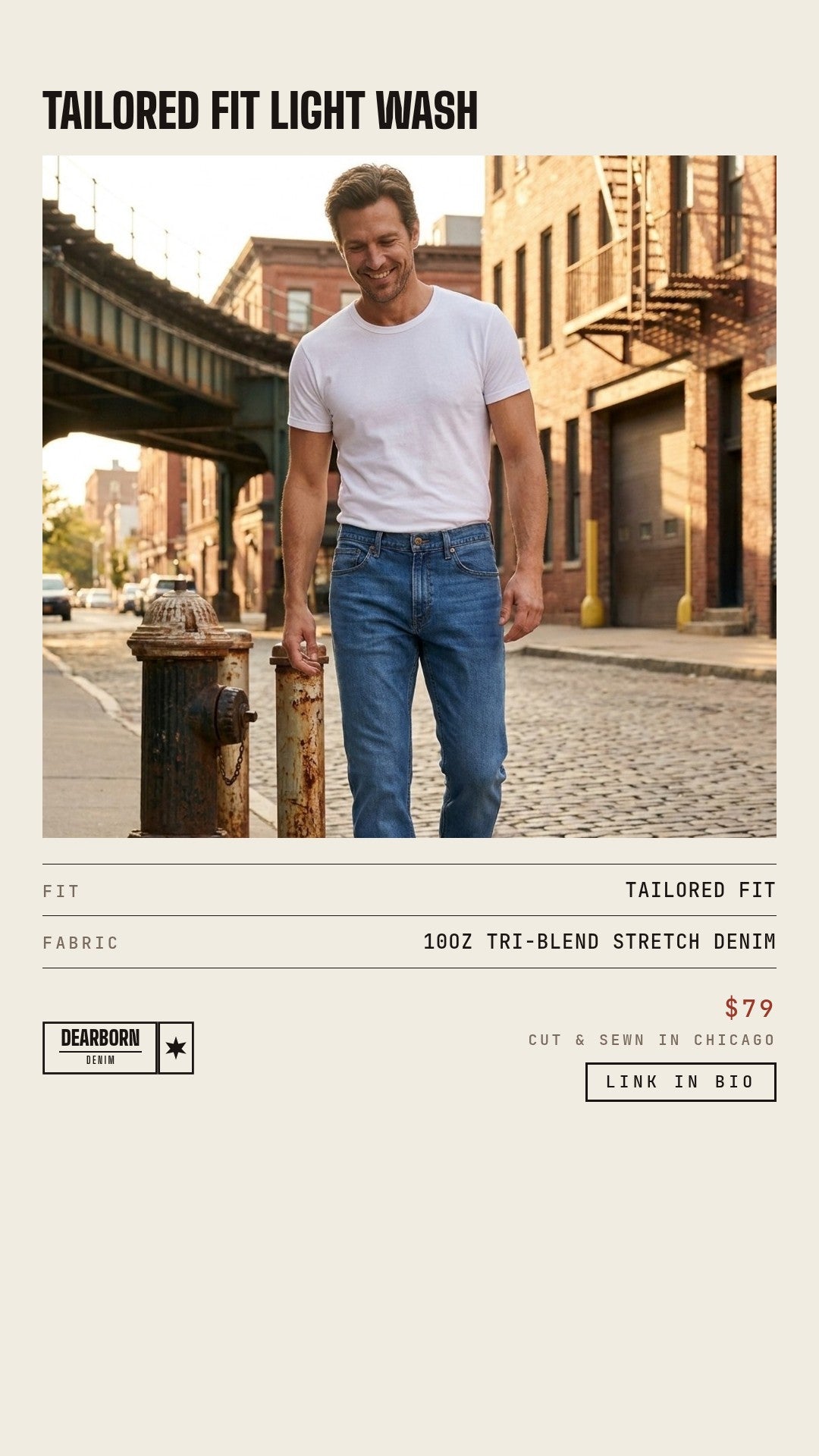 Dearborn Denim & Apparel Facebook ad: Stretch That Holds Its Shape.