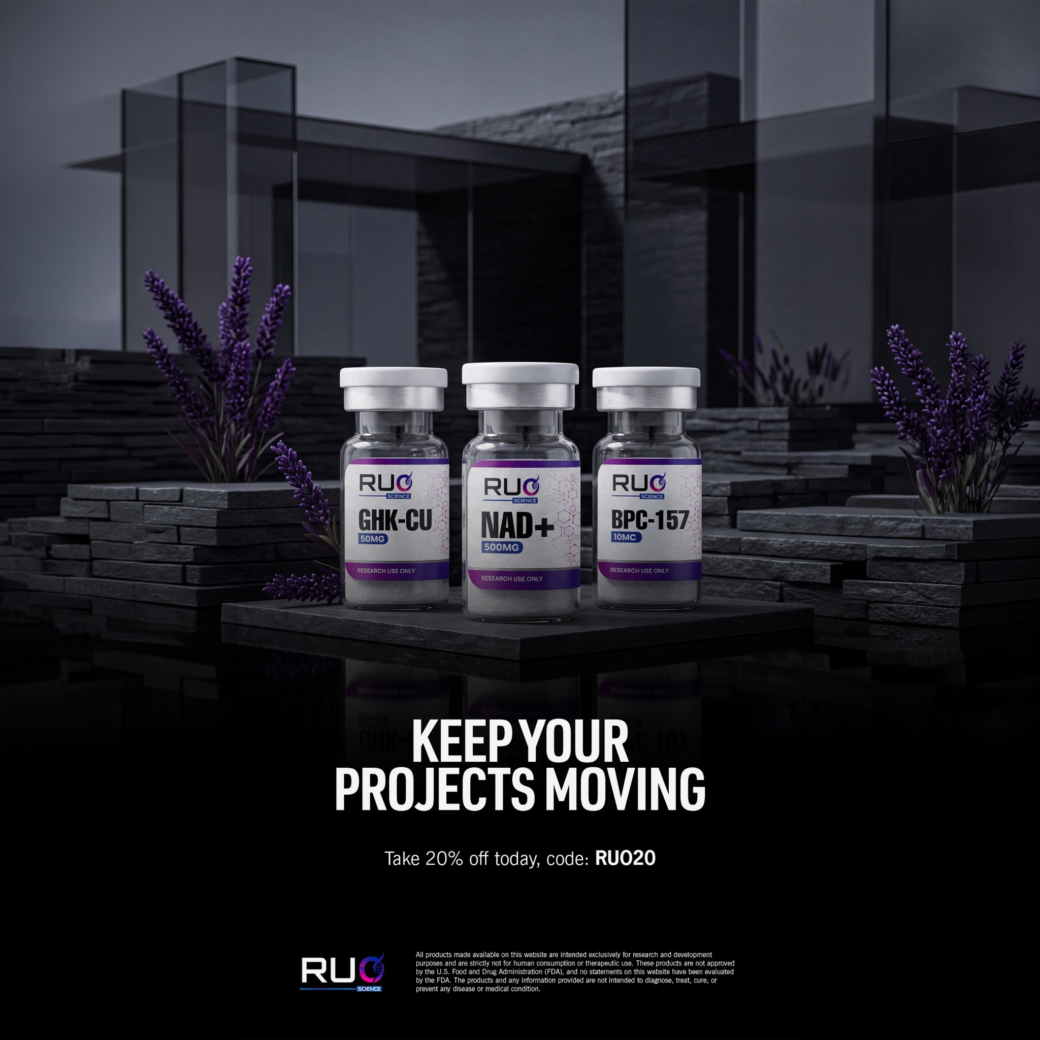 RUO science Facebook ad: Take 20% off with RUO20 today.