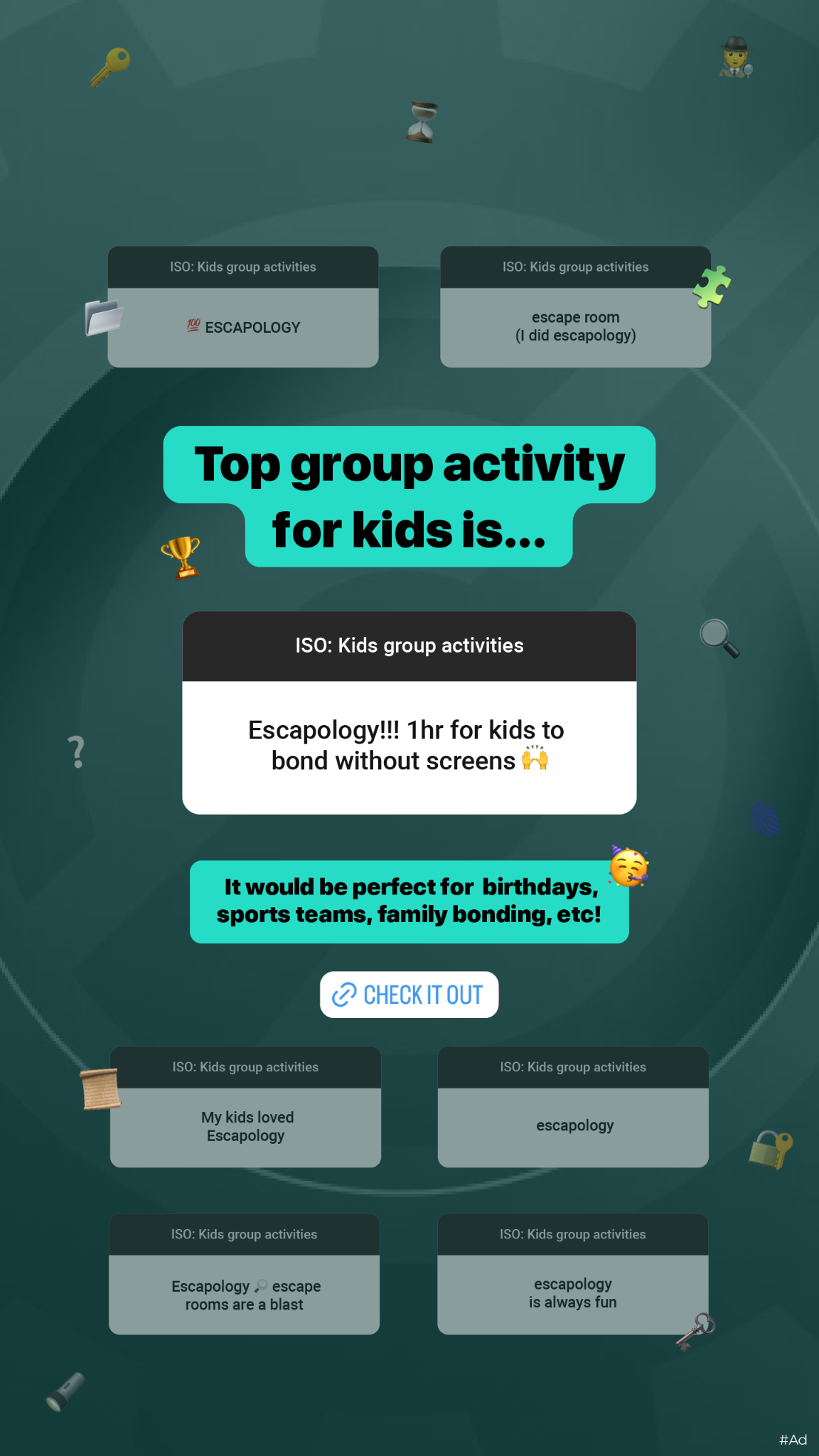 Escapology Escape Rooms Facebook ad from Apr 10, 2026