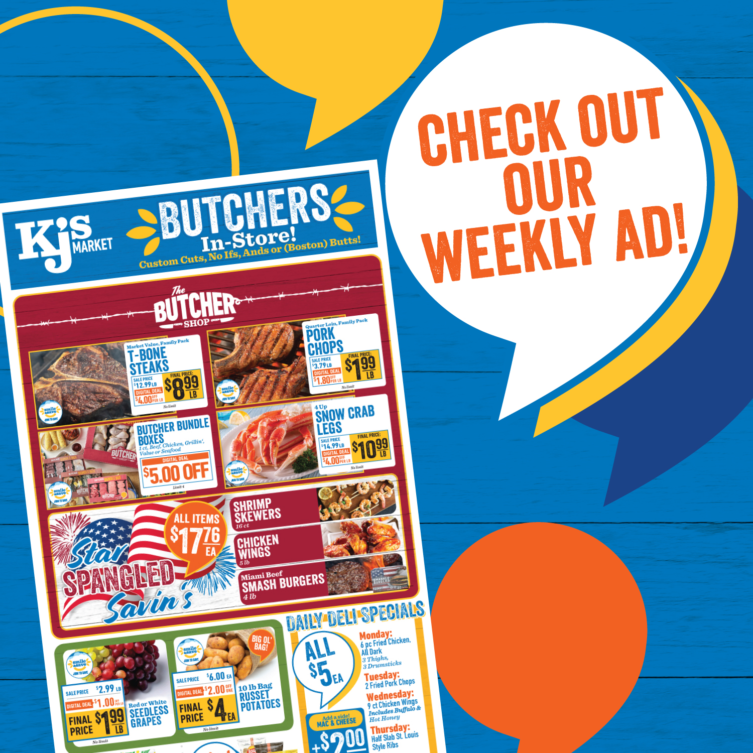 KJ's Market Facebook ad: Soak up the savings this week at KJ's…