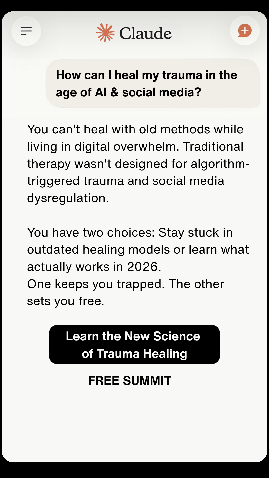 I Challenge You Facebook ad: Trauma Healing in the Age of AI & Social Media Summit