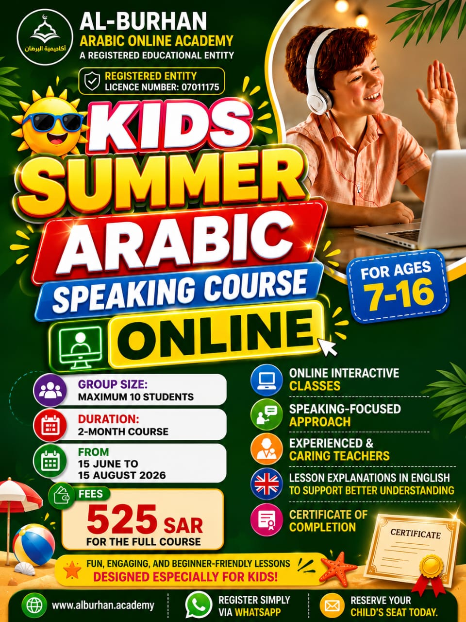 Al-Burhan Arabic Academy Facebook ad: KIDS SUMMER ARABIC SPEAKING COURSE