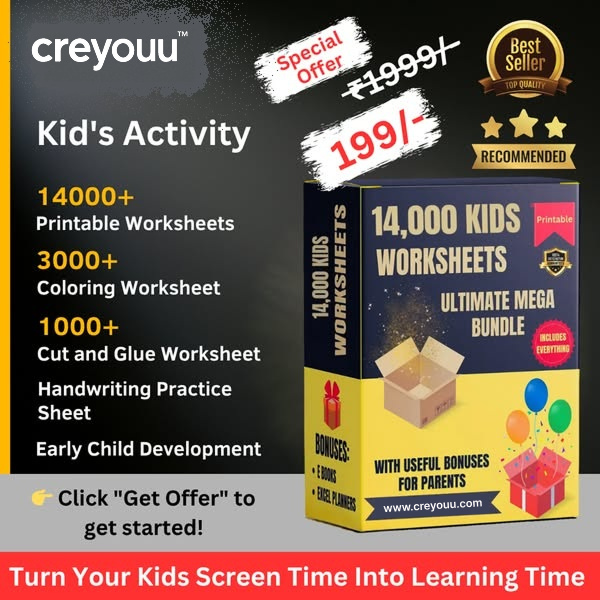Creyouu Facebook ad: Unlock 14,000+ Worksheets at Rs.199!
