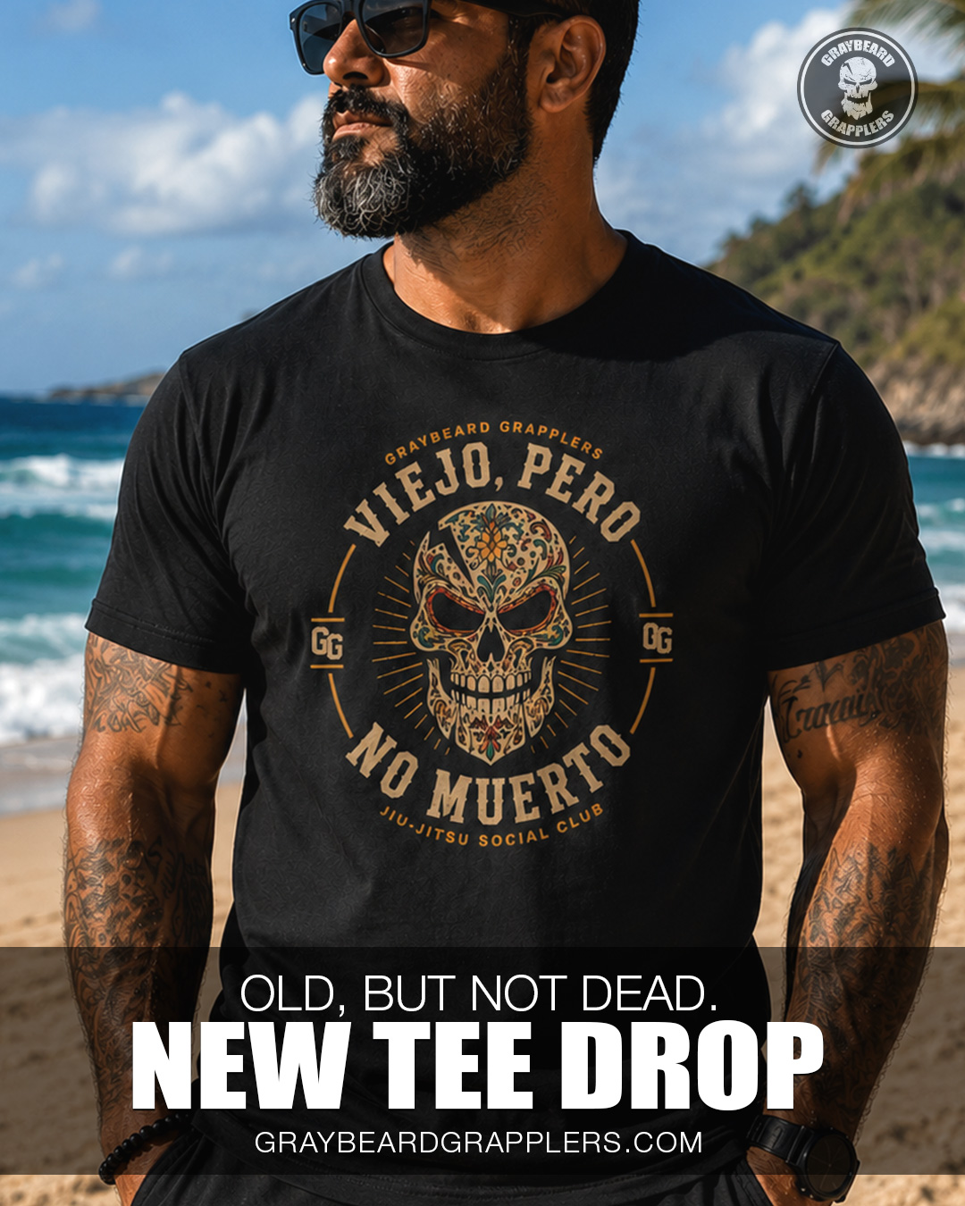 Graybeard Grapplers Facebook ad: New Tee dropped today, Old, But Not Dead