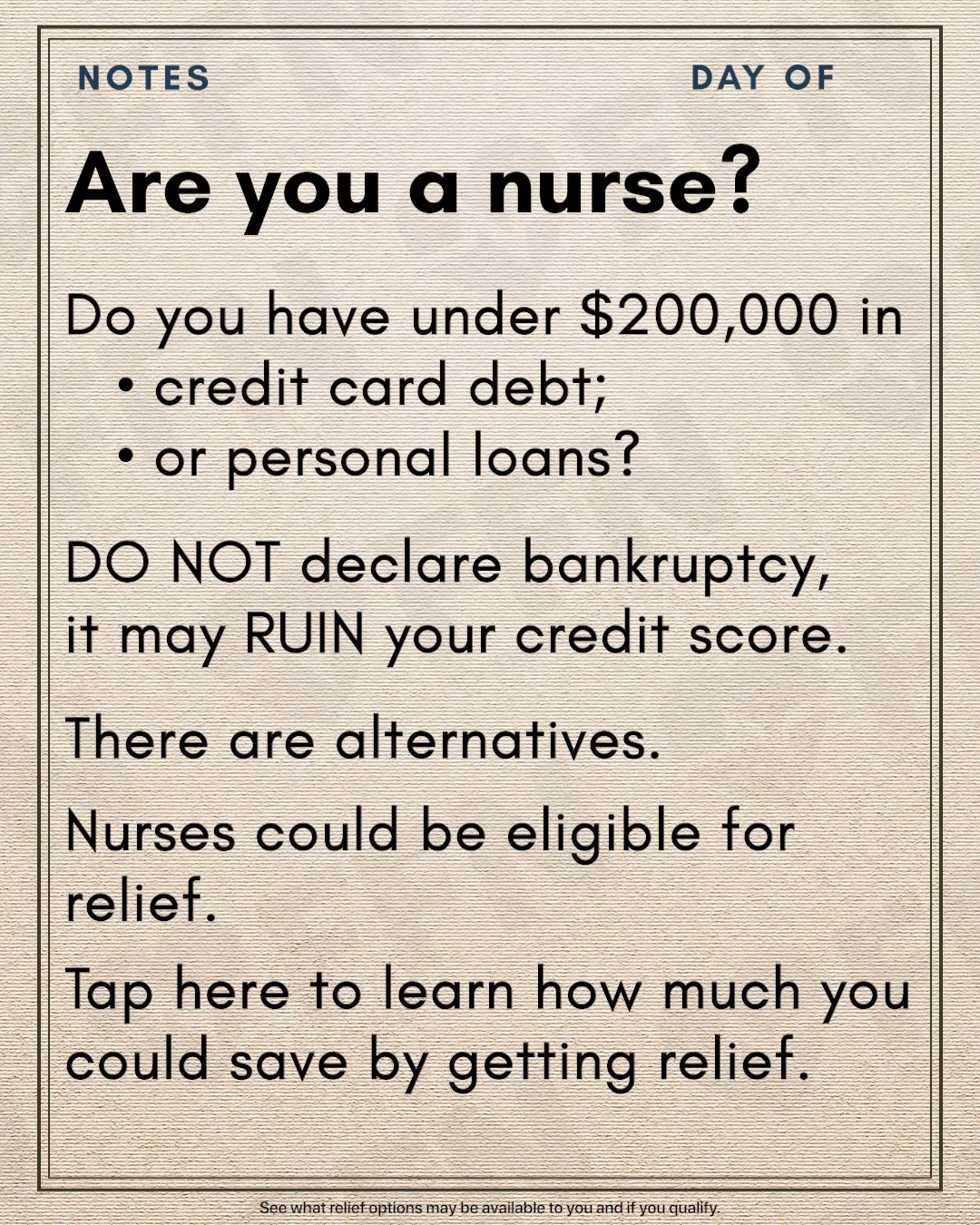 Financially Free Nurse Facebook ad: Nurses, Stop. Get Relief.