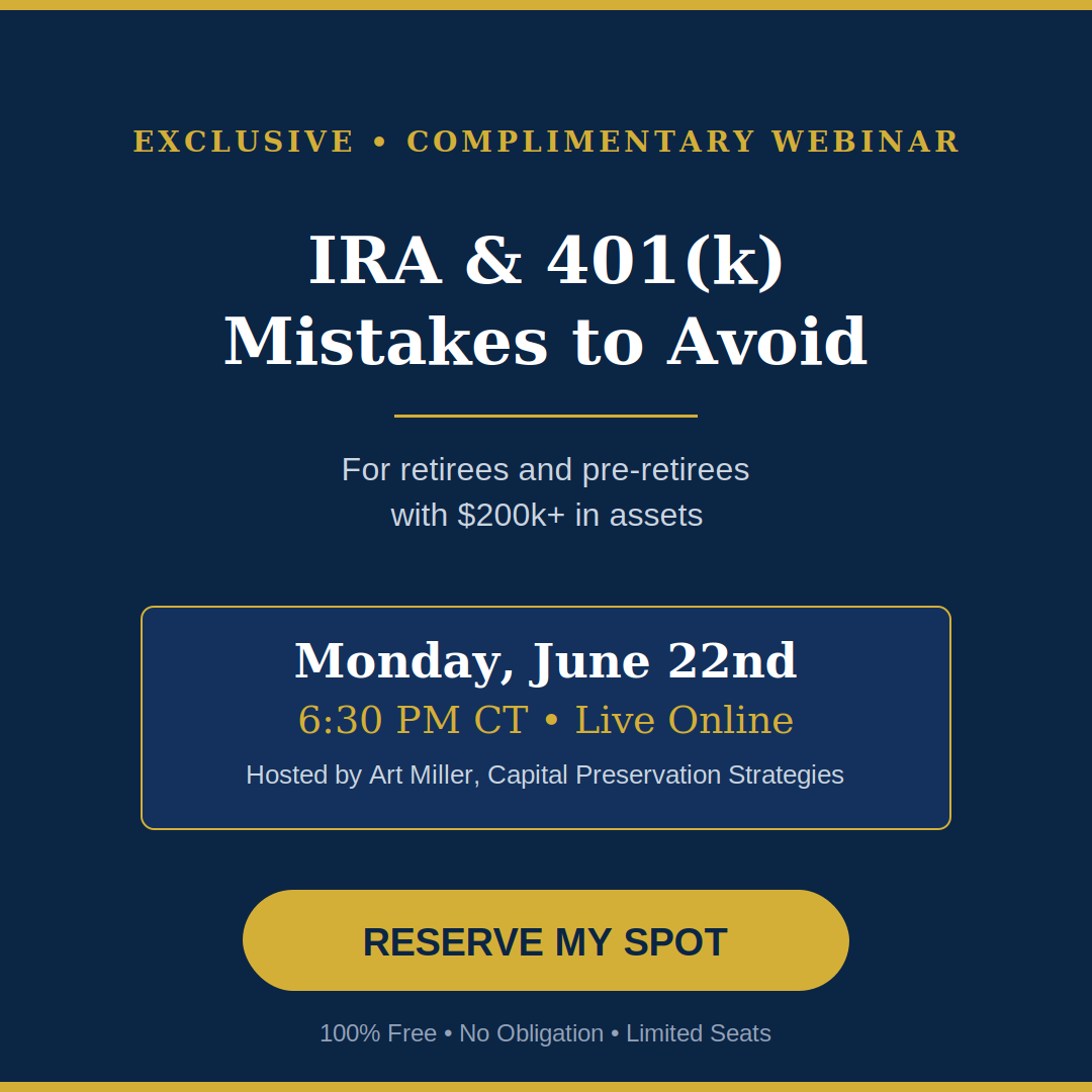 Capital Preservation Strategies Facebook ad: [REGISTER] IRA & 401(k) Mistakes Costing You Thousands