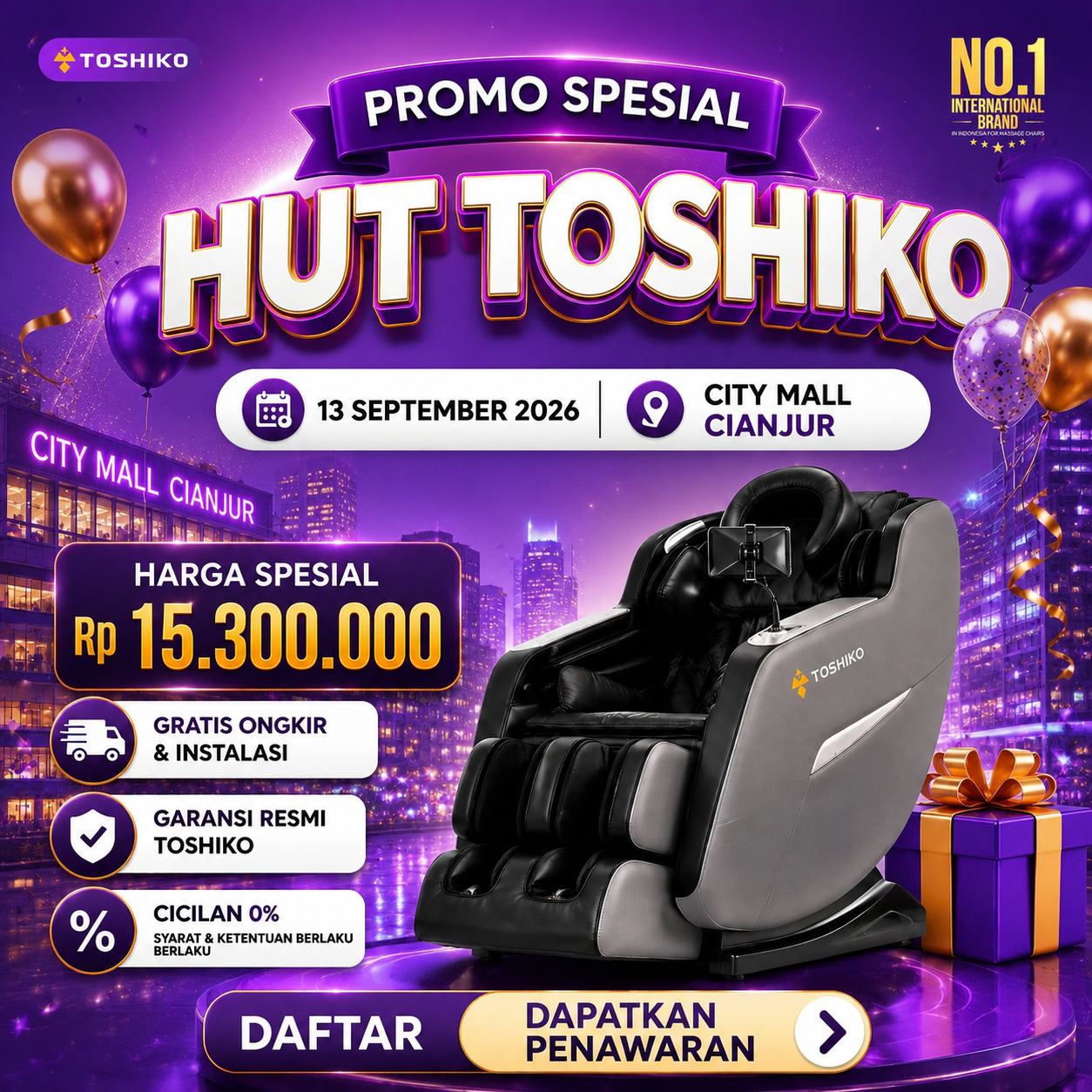 Kursi Pijat Mewah Toshiko Di City Mall Cianjur Facebook ad: PROMO SPESIAL HUT TOSHIKO Harga Spesial Hanya Rp15.300.000…