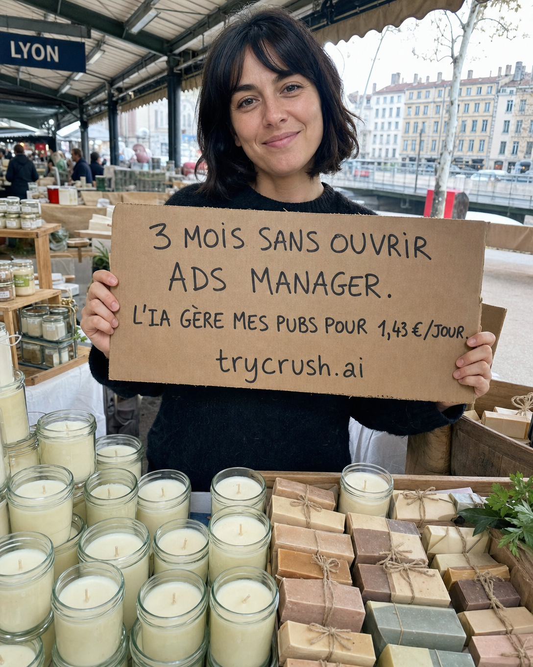 trycrush.ai Facebook ad: 3 mois sans ouvrir Ads Manager