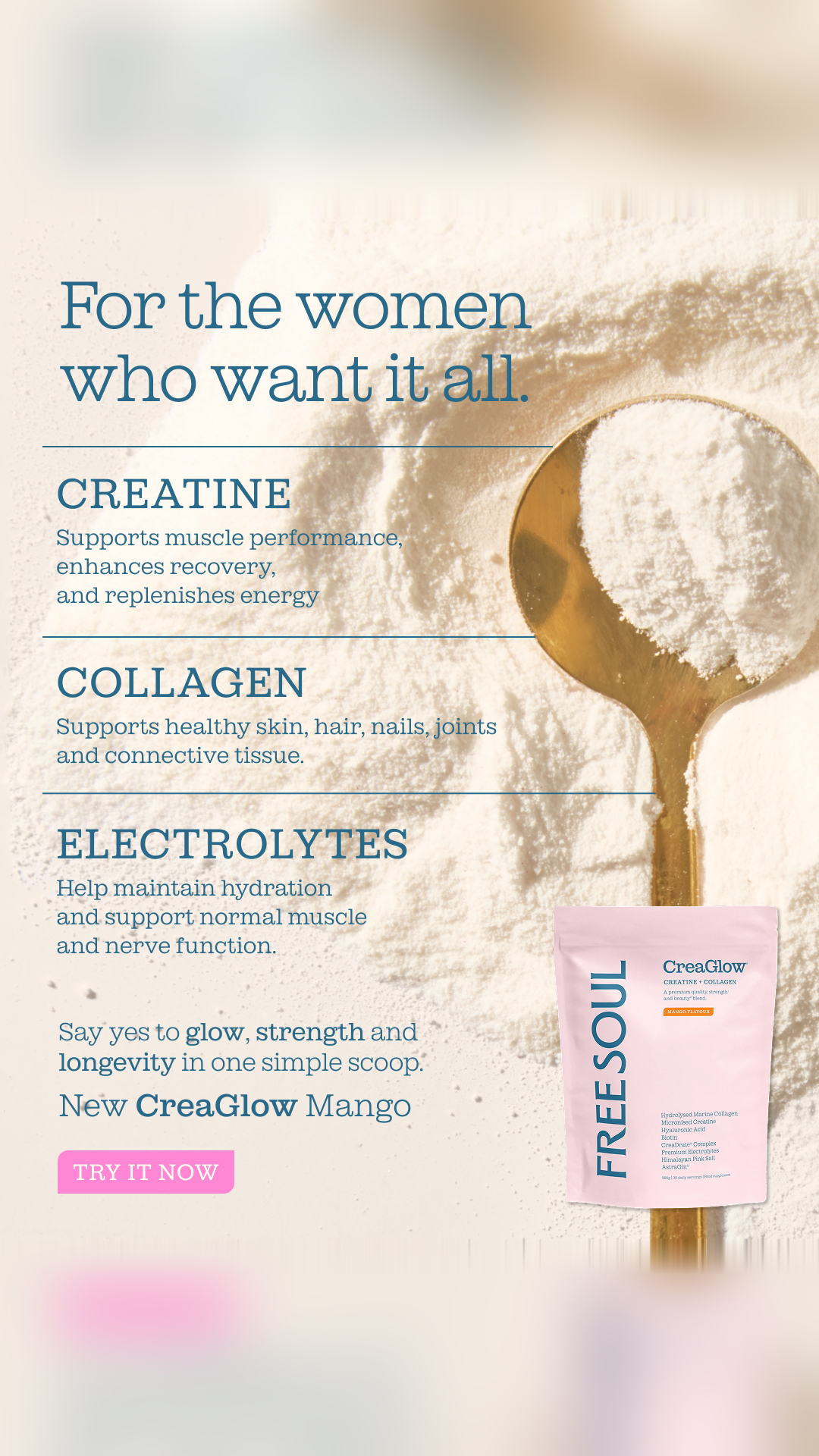Free Soul Facebook ad: 3-in-1 blend: Strength, beauty and hydration