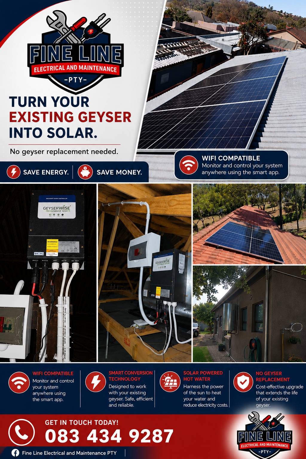 Fine Line Electrical & Maintenance pty ltd Facebook ad: Upgrade Your Existing Geyser to Solar