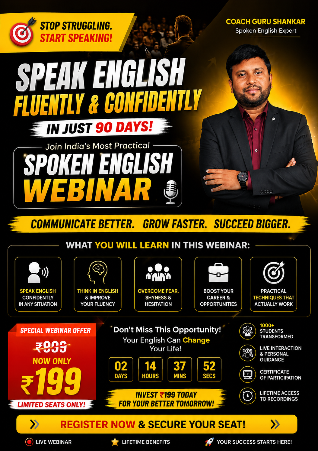 Coach guru shankar Facebook ad: India's Most Trusted Spoken English Webinar, ₹199 Only
