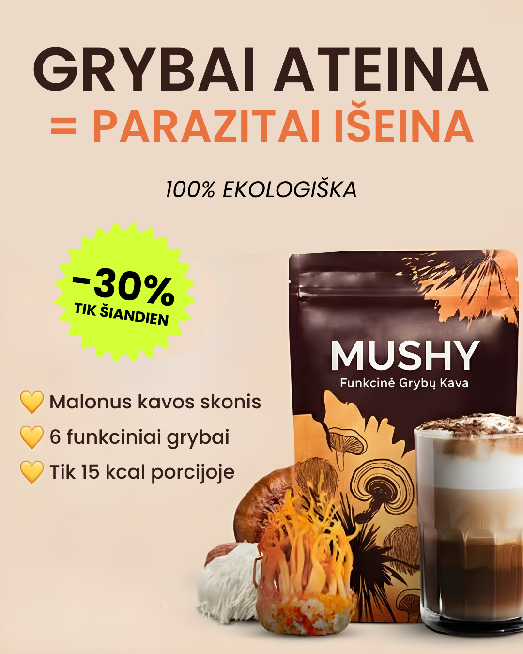 MUSHY Funkcinė Grybų Kava Facebook ad: Daugiau nei tik kava.