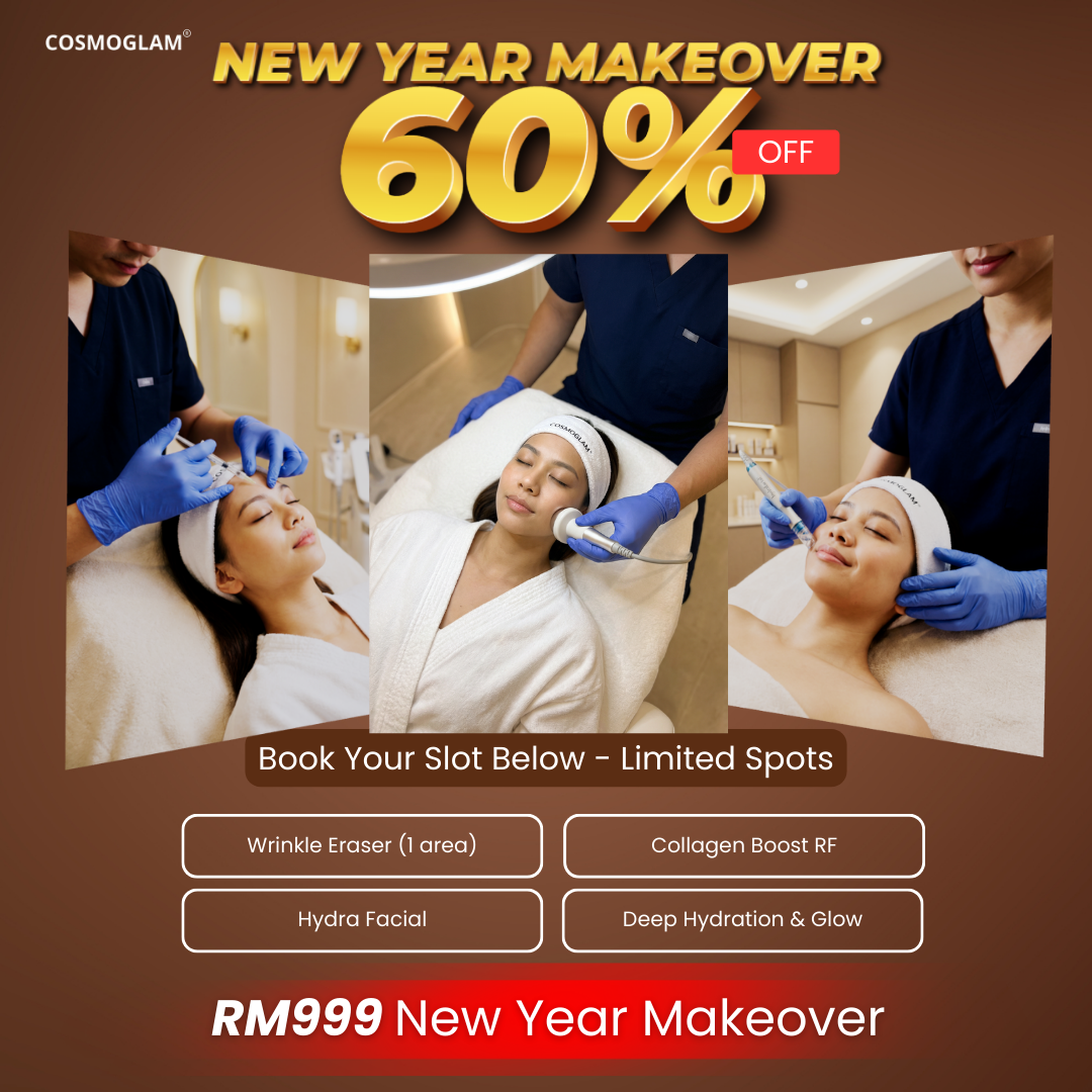 Cosmoglam Aesthetic Facebook ad: RM999 New Year Makeover | 60% OFF Glow Upgrade