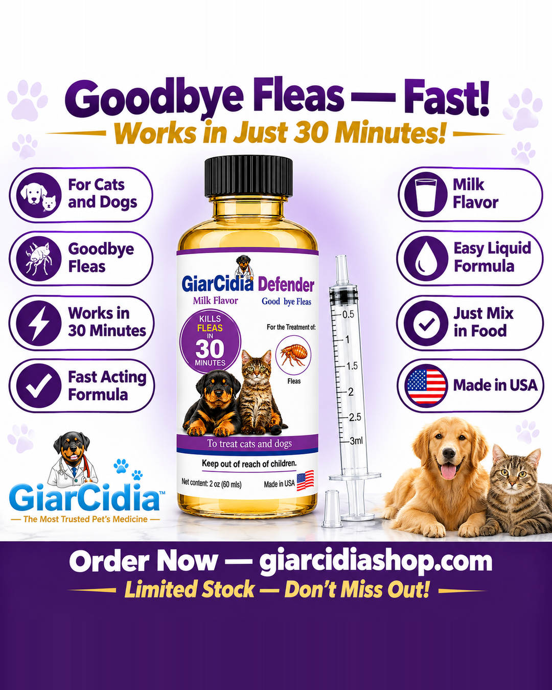 GiarCidia Facebook ad: Goodbye Fleas, Results in Just 30 Mins!