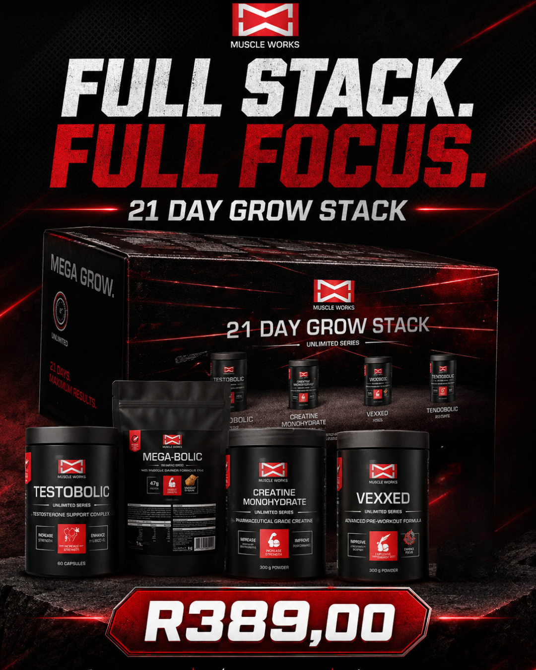 Muscle Works Facebook ad: 21 Day Grow Stack | R389