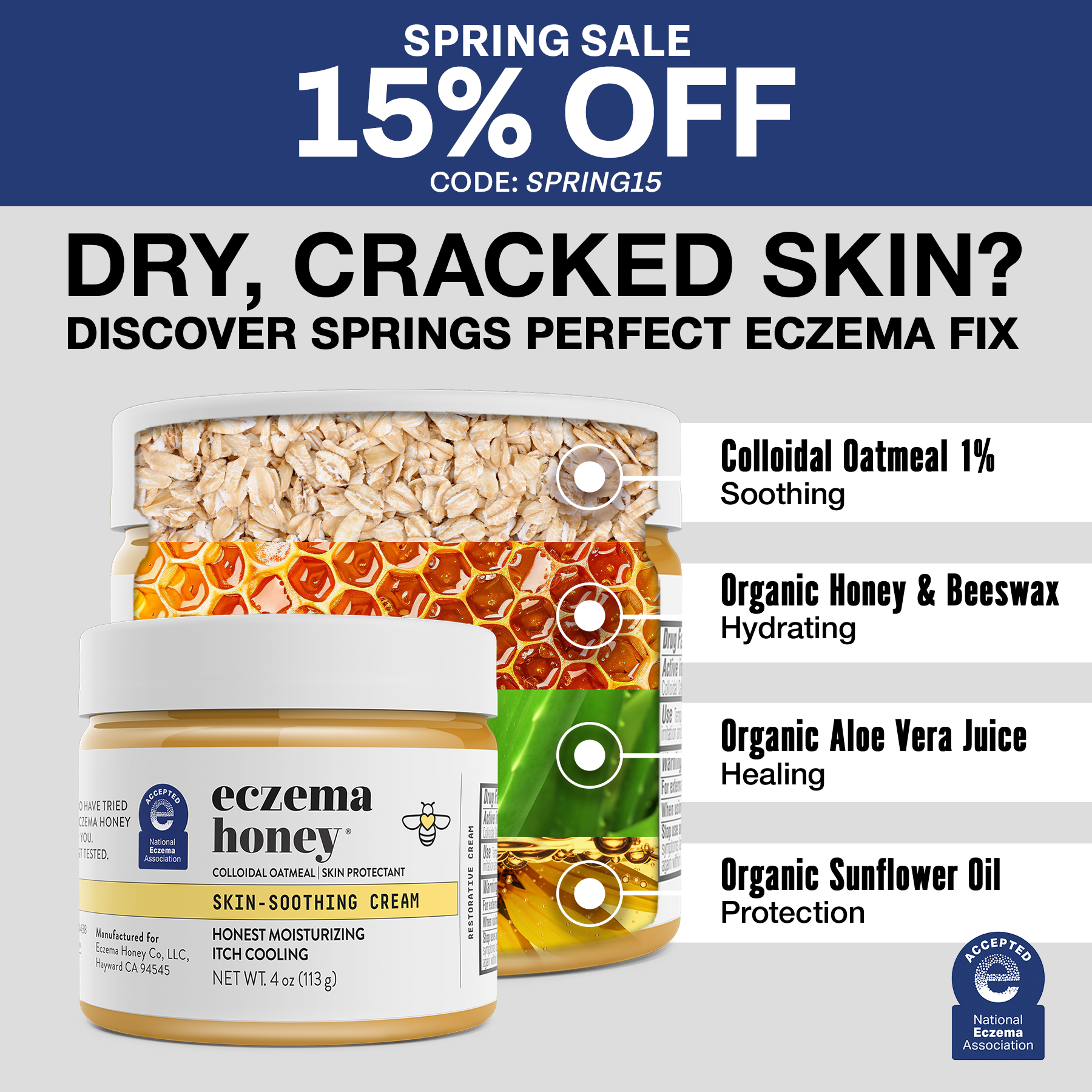 Eczema Honey Co Facebook ad: Spring Sale! Save 15% OFF sitewide!