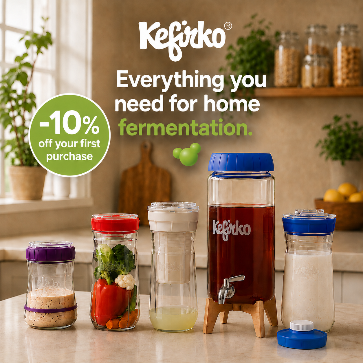 Kefirko Facebook ad: Make milk kefir, water kefir, kombucha, fermented…