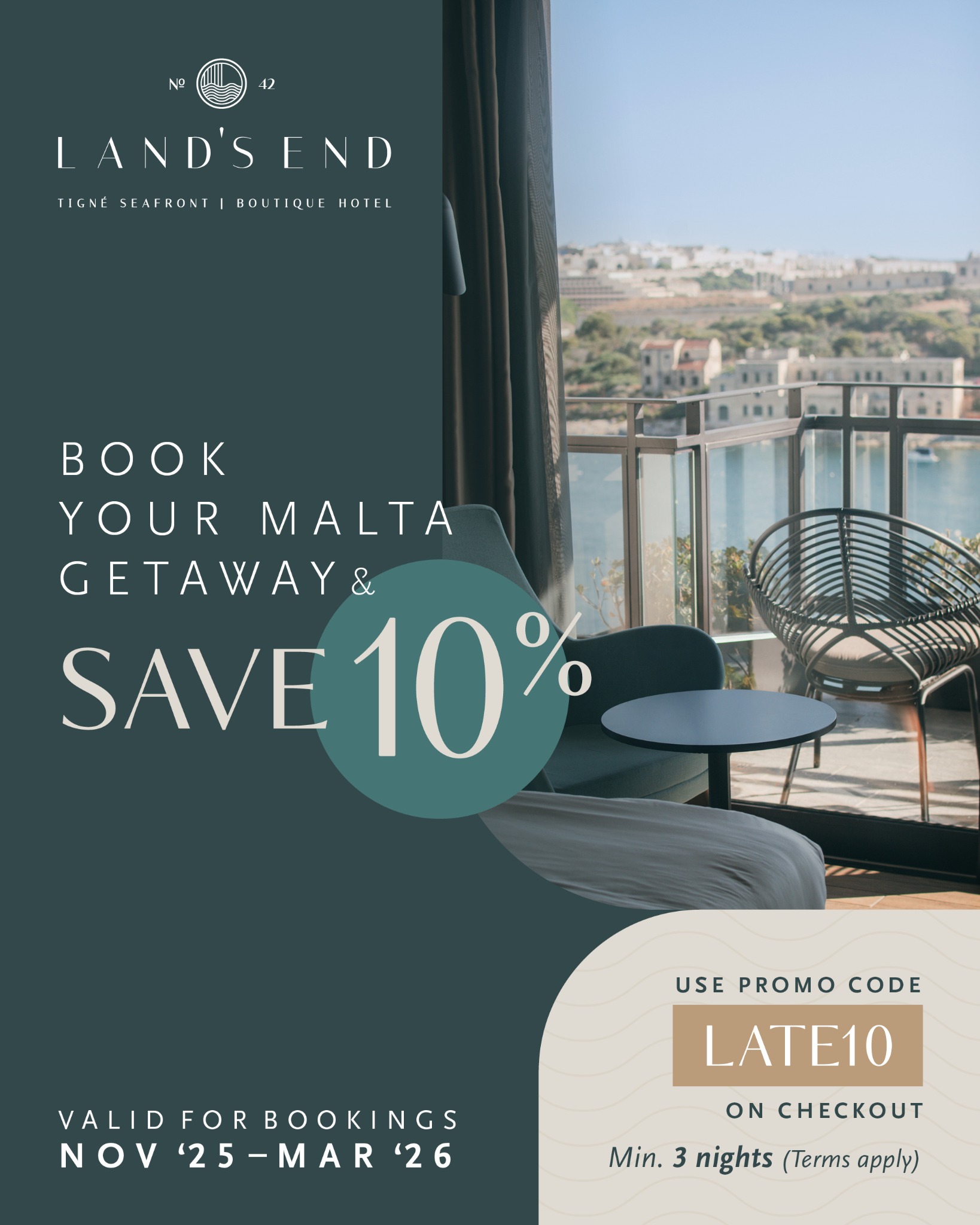 Land's End Boutique Hotel Malta Facebook ad: Start planning your 𝐖𝐢𝐧𝐭𝐞𝐫 𝐠𝐞𝐭𝐚𝐰𝐚𝐲 𝐢𝐧…