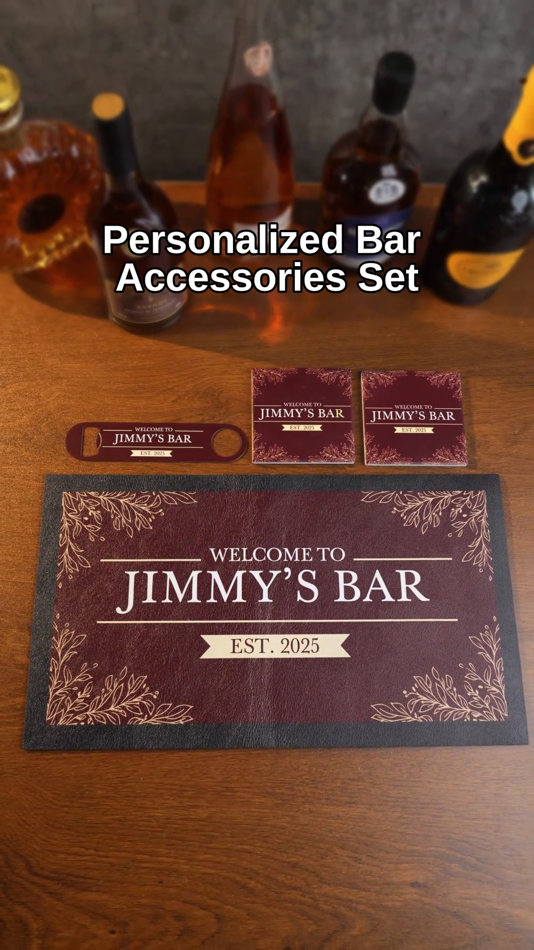 Callie Gifts Facebook ad: Personalized Retro Leaves Bar Mat Coaster Bottle Opener…