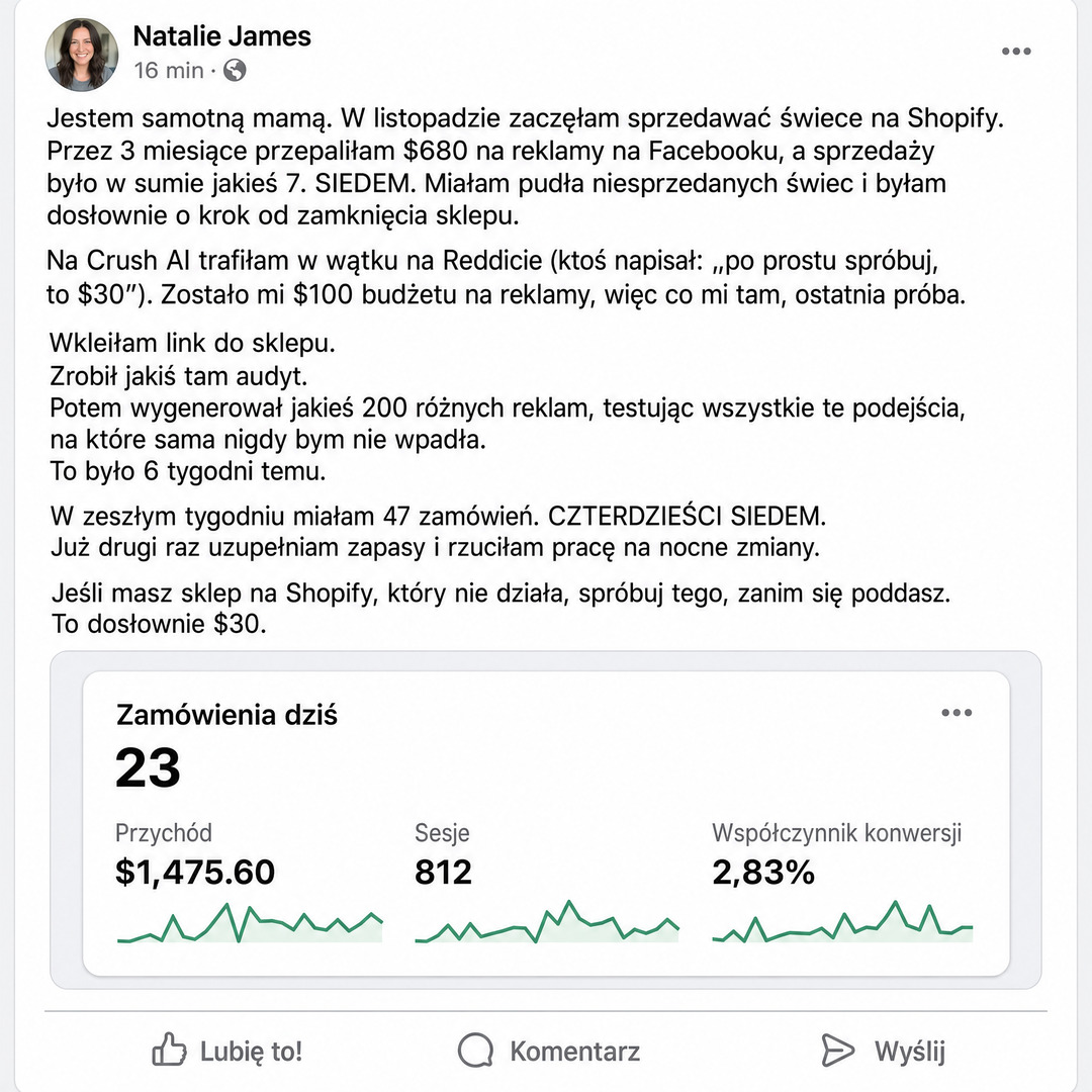 trycrush.ai Facebook ad: Oto Twój media buyer AI