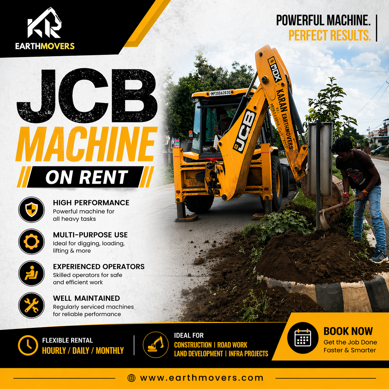 Kr Earthmovers Facebook ad: Rent powerful machinery for every construction need!