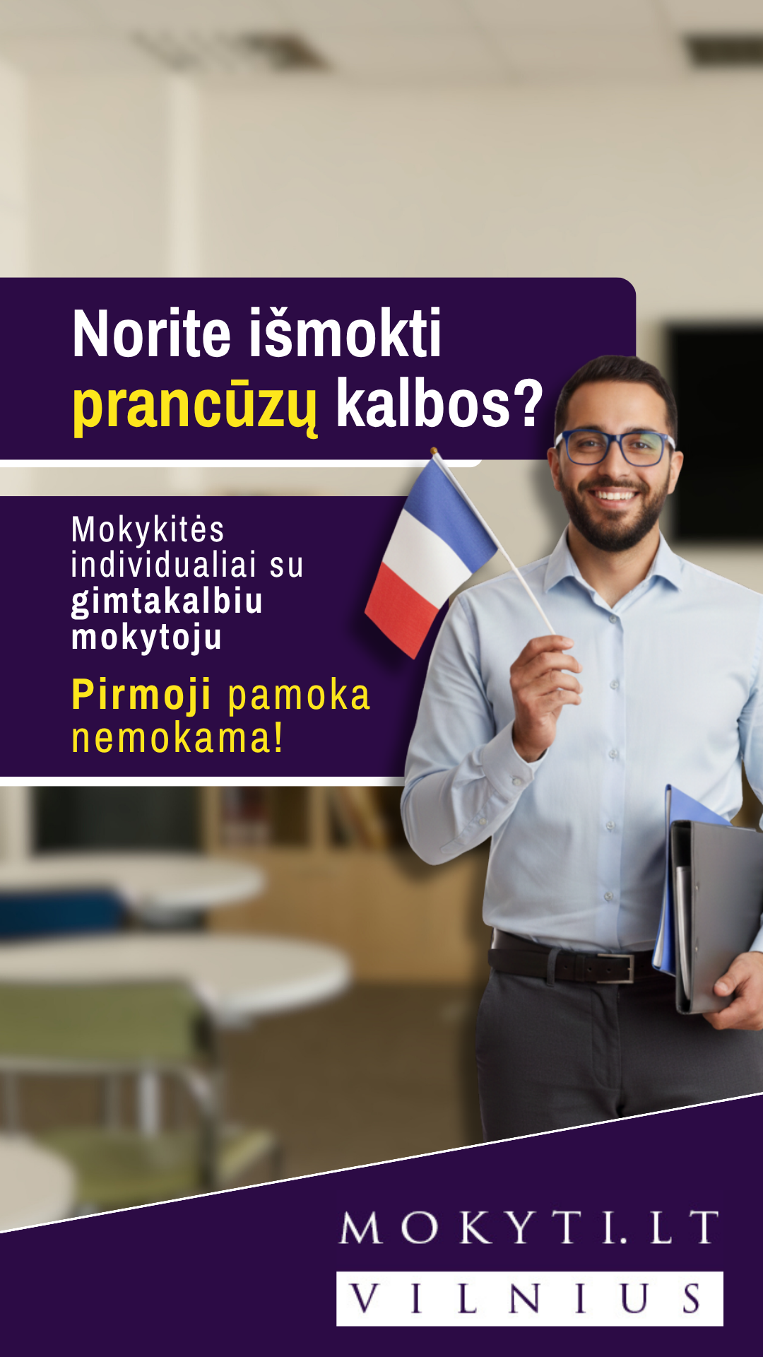Mokyti.lt Facebook ad: Registruokitės pirmai NEMOKAMAI pamokai