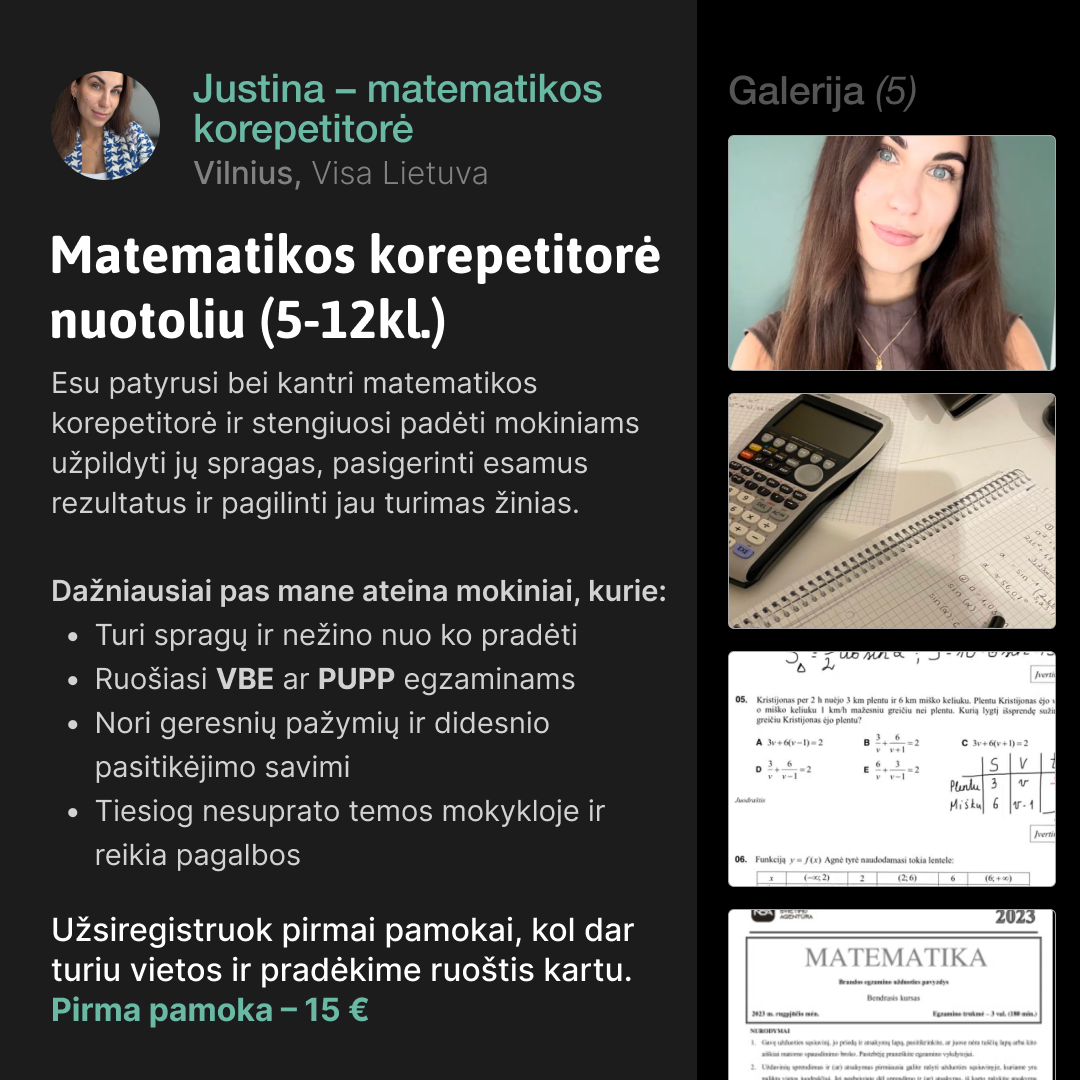 Matematikos Korepetitorė Justina Facebook ad: Išankstinė registracija