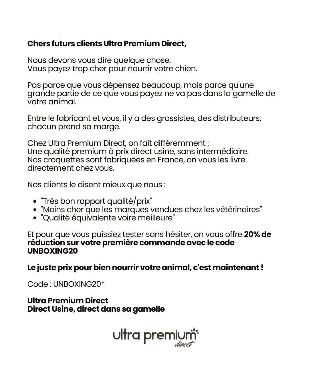 Ultra Premium Direct Facebook ad: Quelle est la recette idéale pour votre animal?