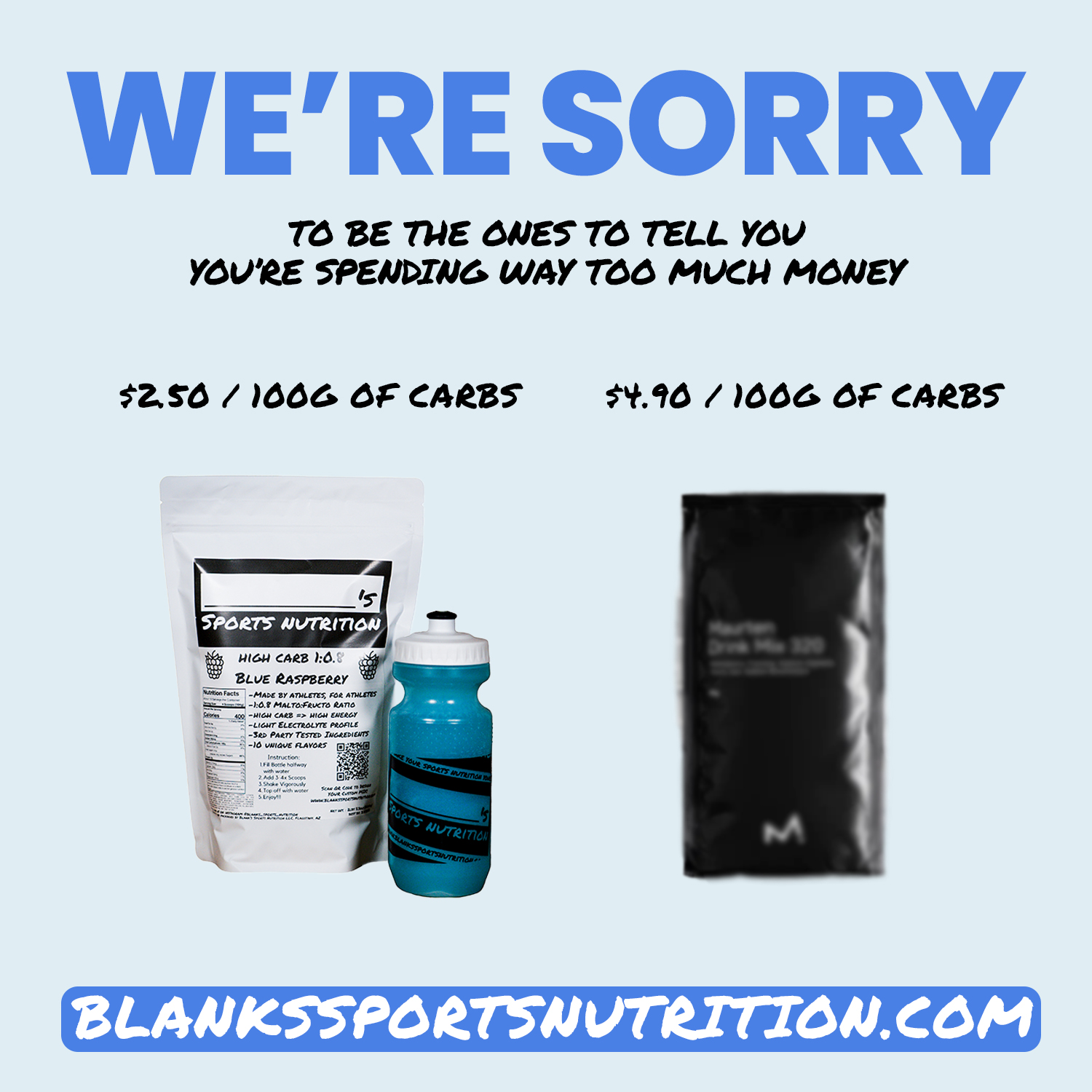 Blank's Sports Nutrition Facebook ad: Better carbs, half the price!