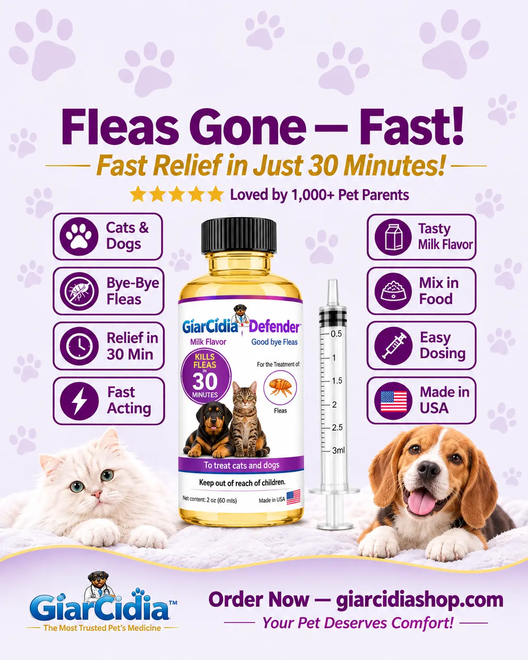 GiarCidia Facebook ad: Goodbye Fleas in 30 Minutes!