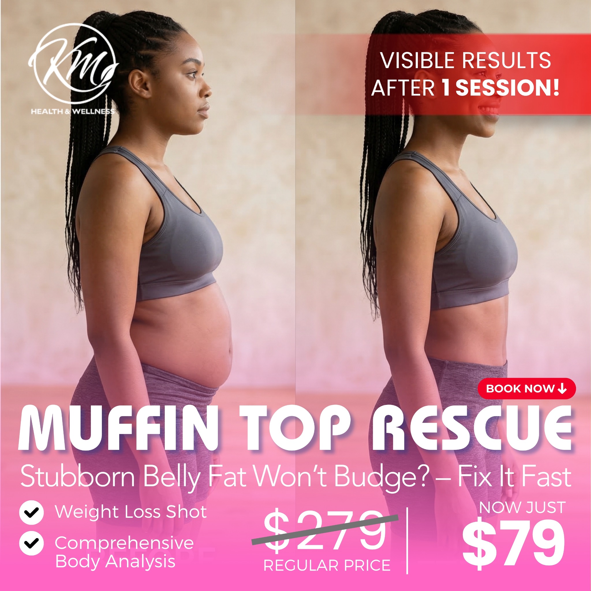 Kess Management Health and Wellness, LLC. Facebook ad: $79/week Muffin Top Rescue