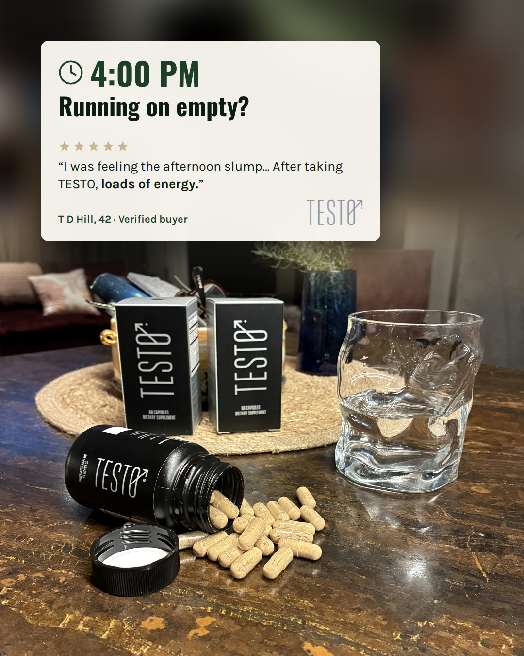 TESTO Facebook ad: Running on empty by 4pm?