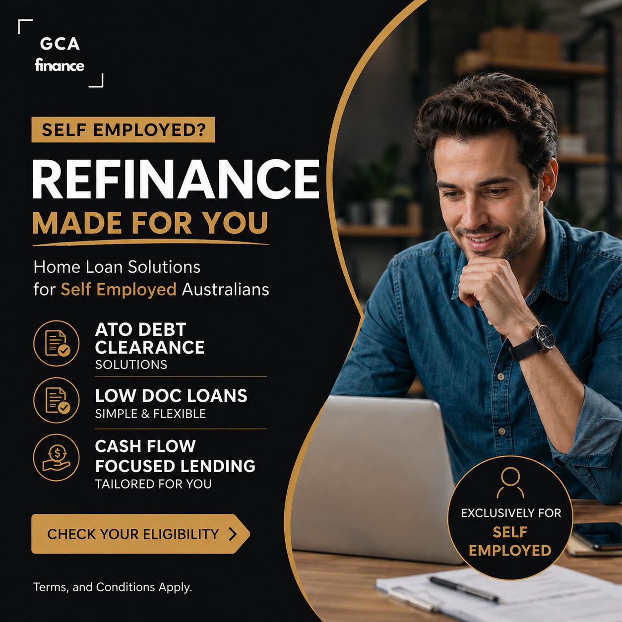 GCA Finance Facebook ad: Self-Employed? Refinance Smarter