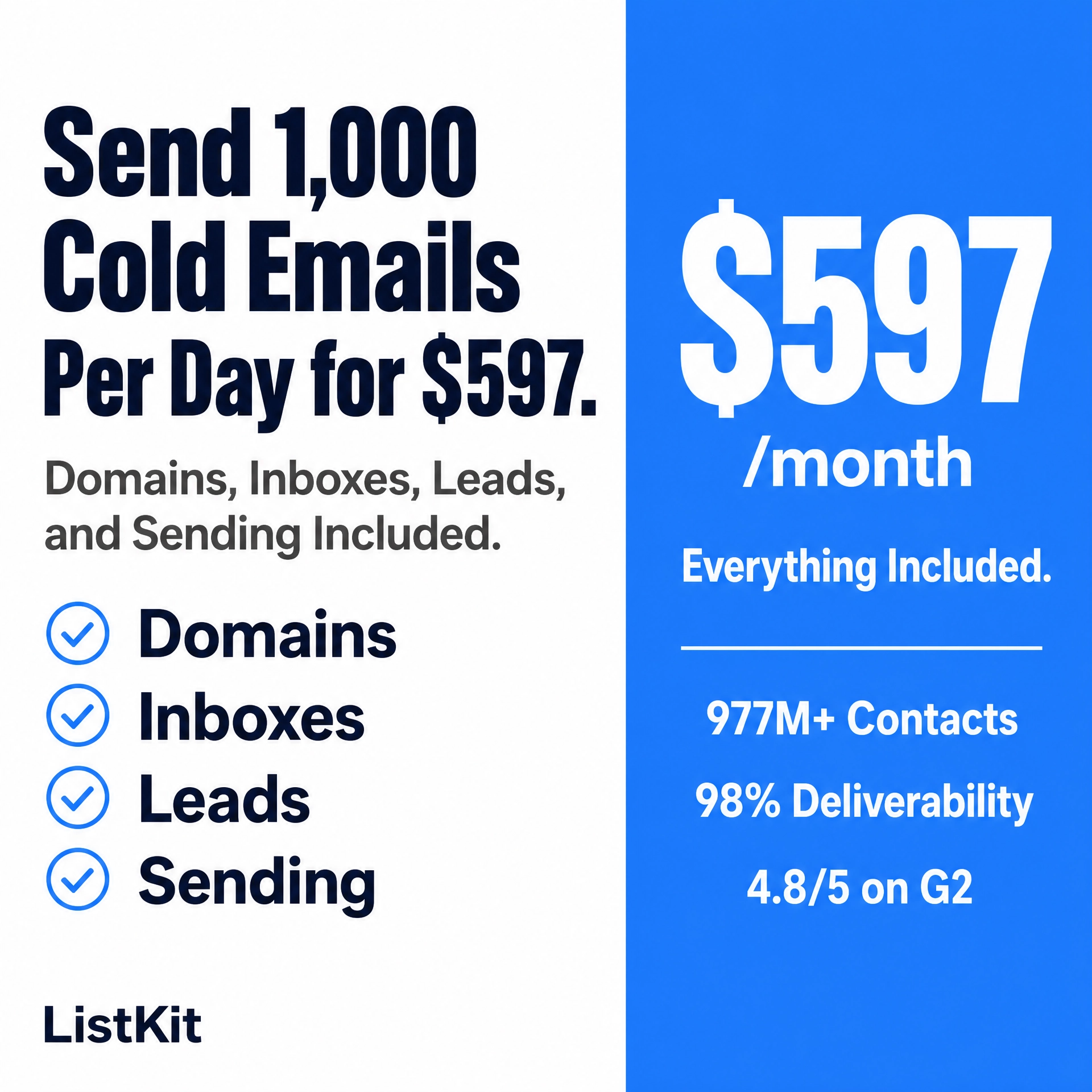 ListKit Facebook ad: Send 1,000 Cold Emails Per Day for $597/mo
