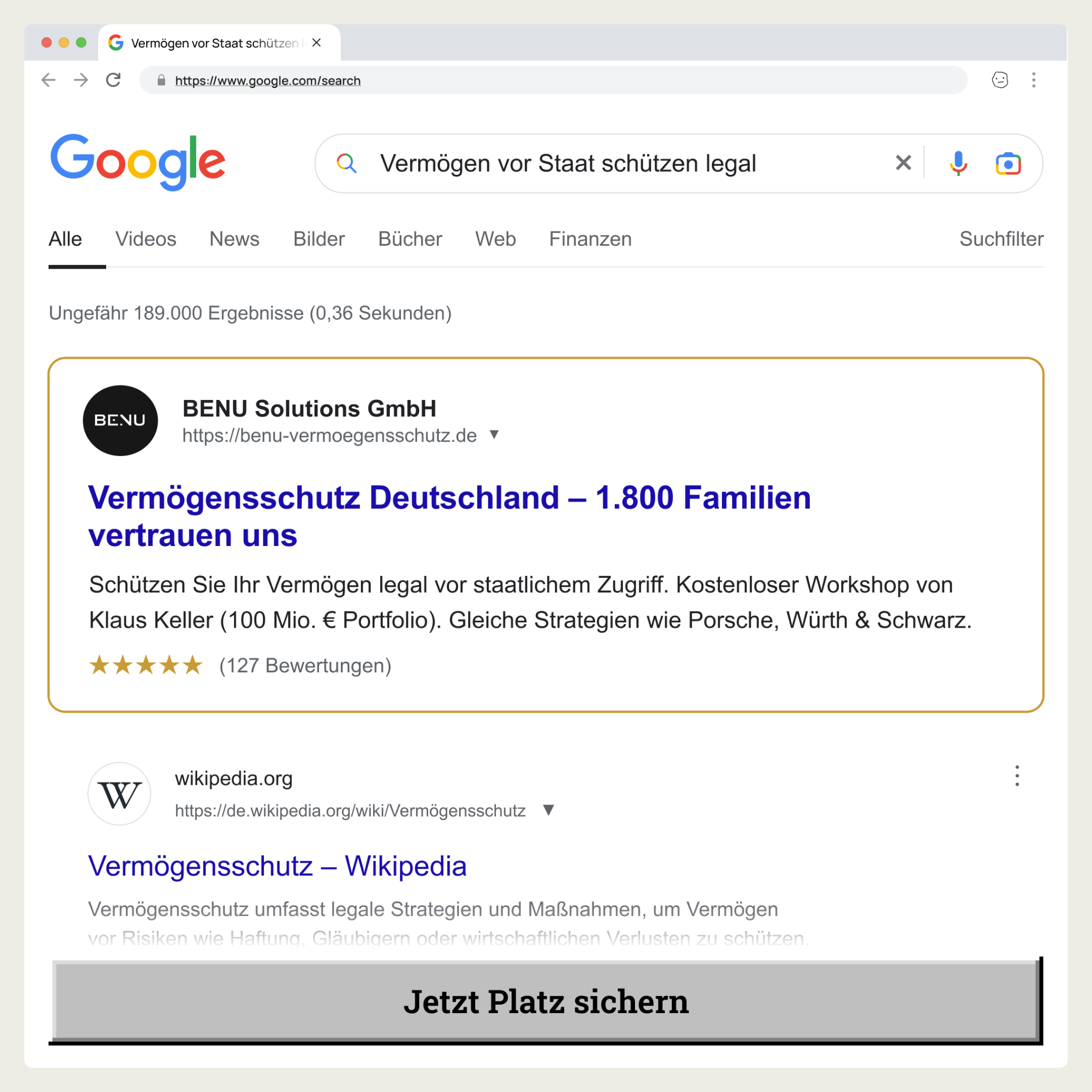 BENU Solutions Facebook ad: Kostenloser Live-Workshop für Vermögensschutz
