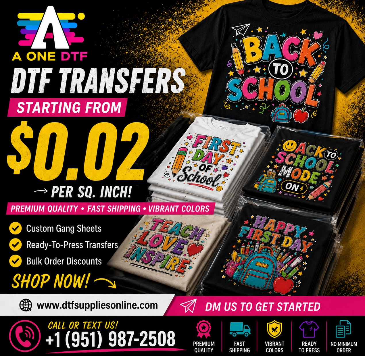 A One Apparel Printing Facebook ad: BACK TO SCHOOL SEASON IS HERE, STOCK UP…