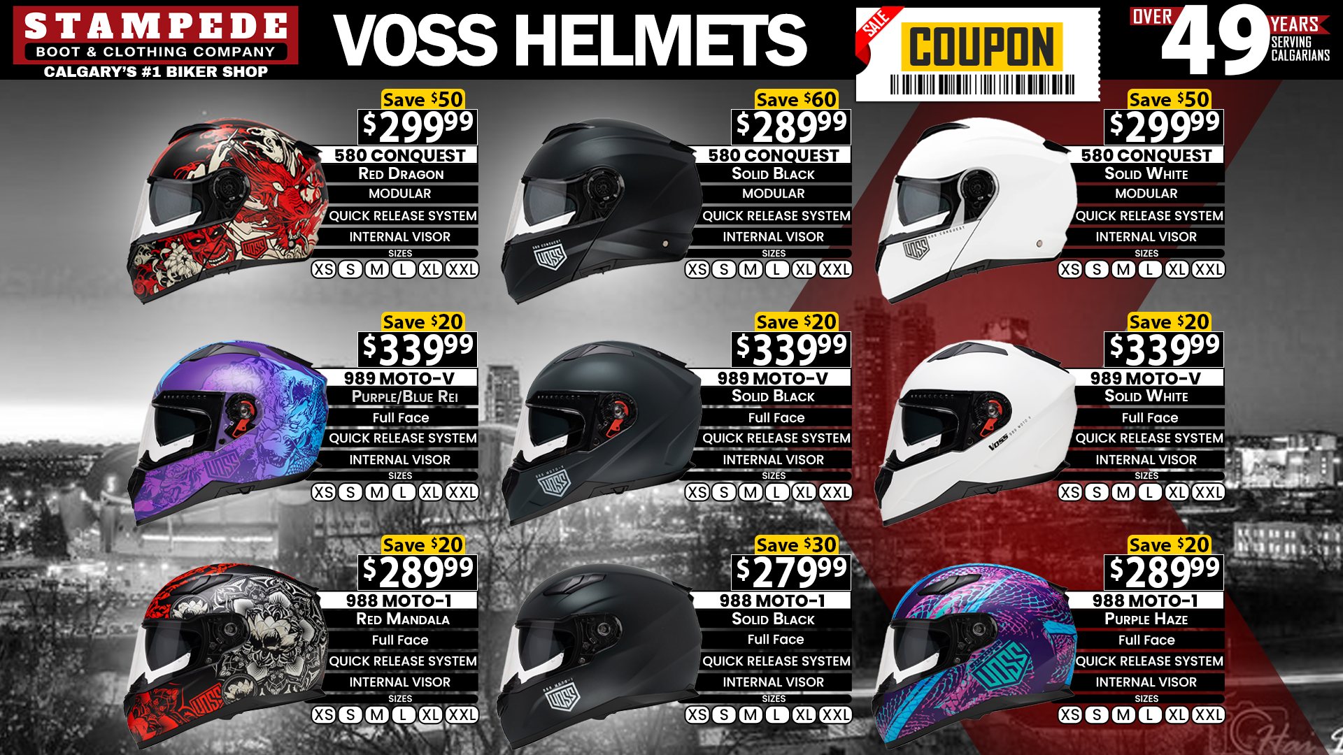 Stampede Boot and Clothing Company Facebook ad: VOSS MOTORCYCLE HELMET COUPON