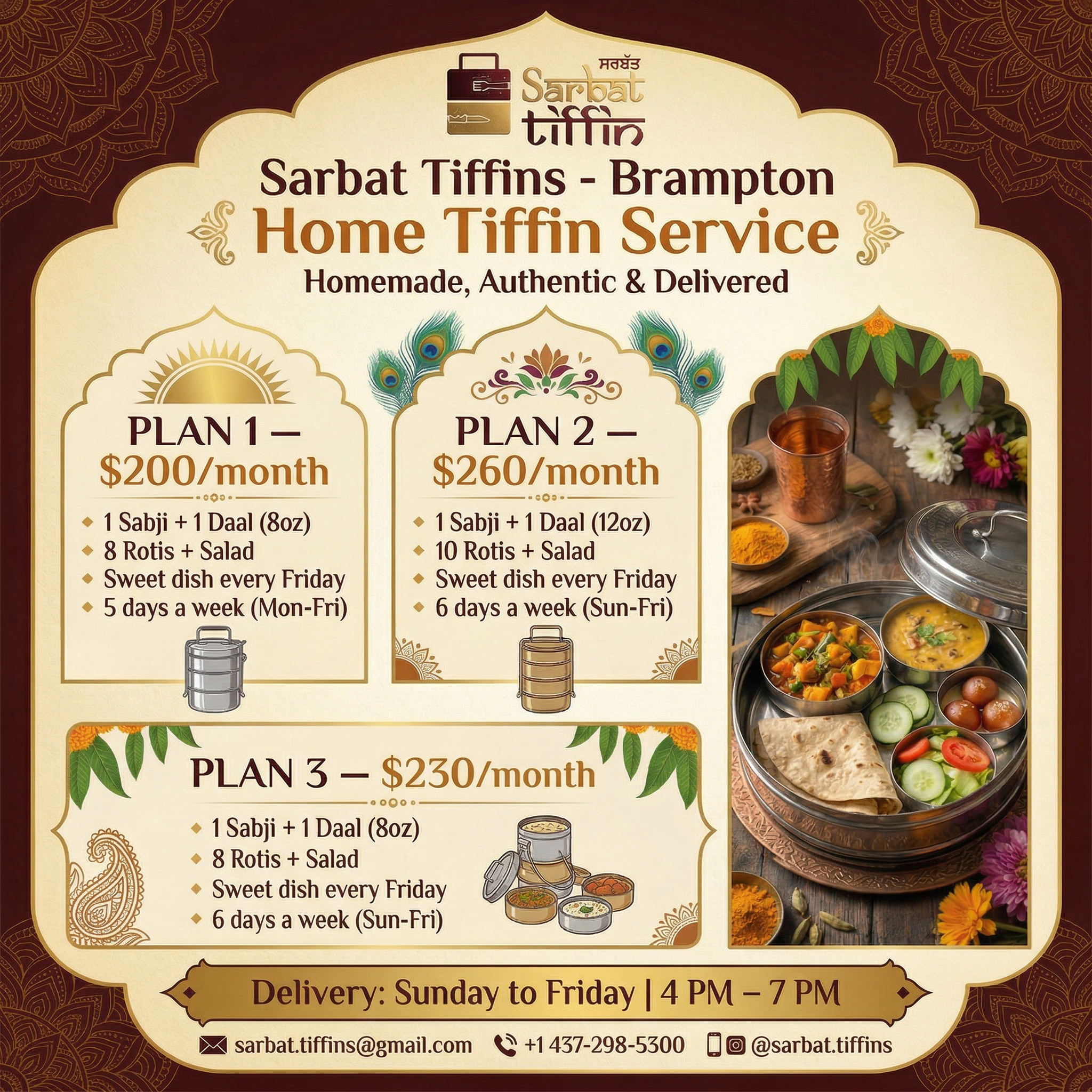 Sarbat Tiffins Facebook ad: Homemade Tiffin Delivered in Brampton