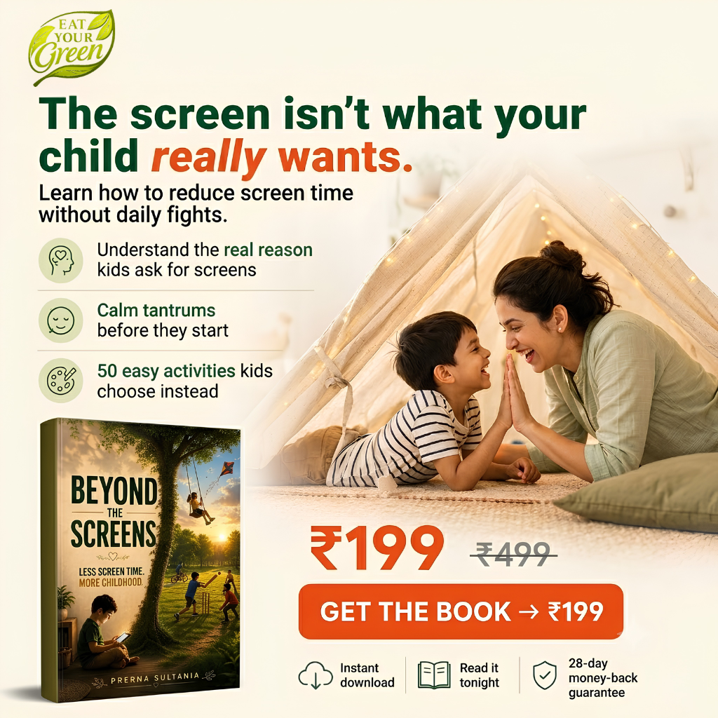 Eat Your Green Facebook ad: Reduce Screen Time & Build Real Childhood