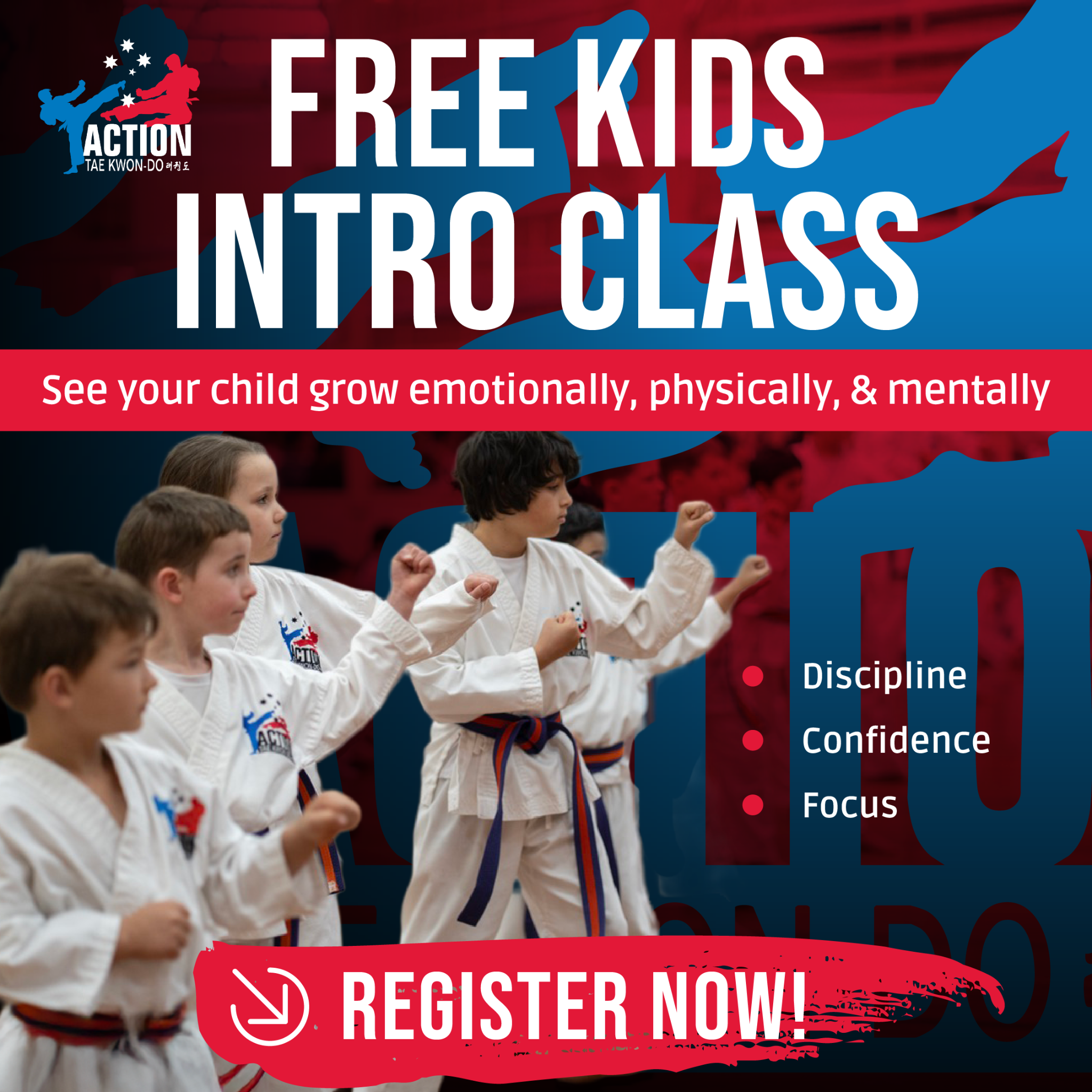 Action Tae Kwon-Do Facebook ad: FREE Kids Intro Class!