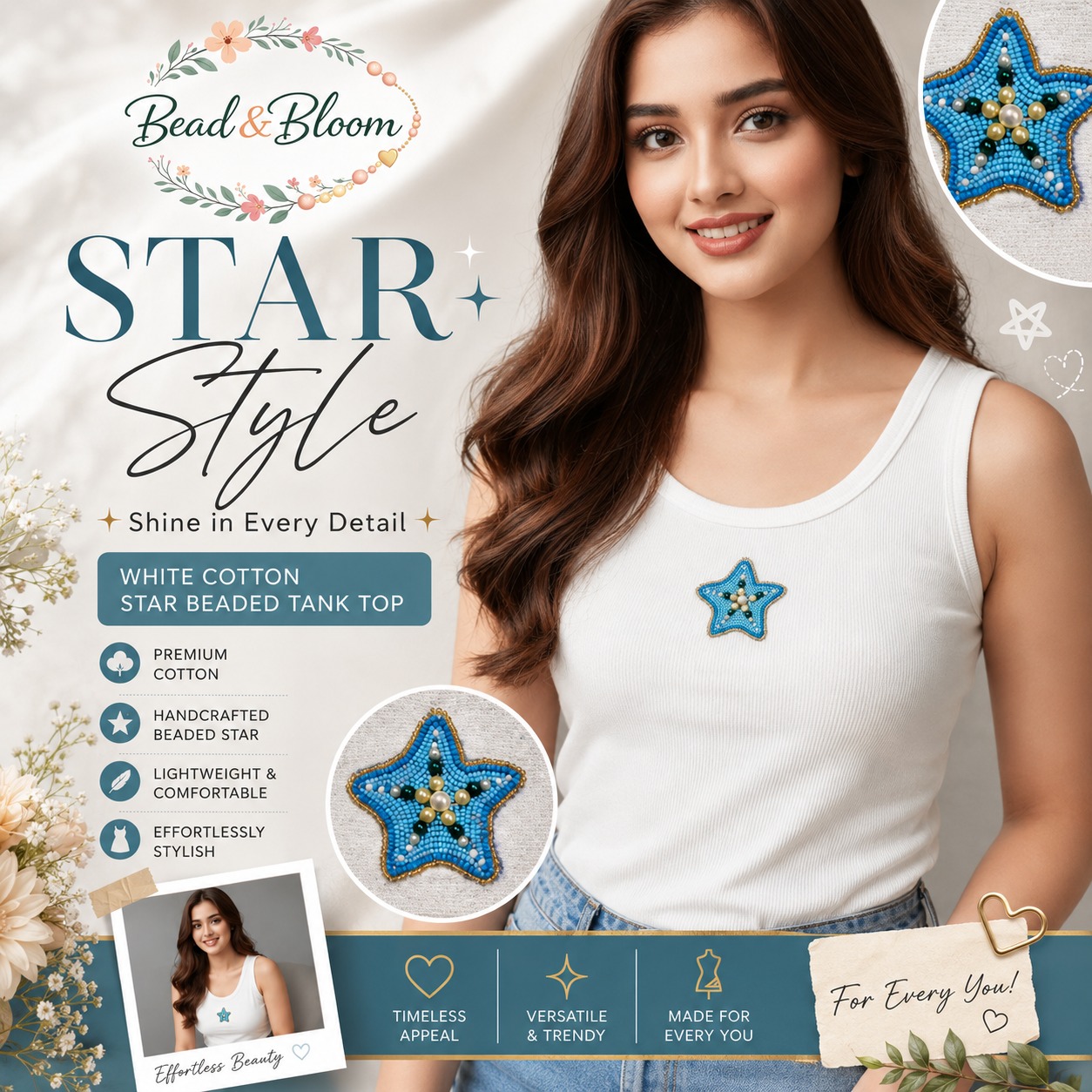 Bead & Bloom Facebook ad: White Cotton Star Beaded Tank Top For Women