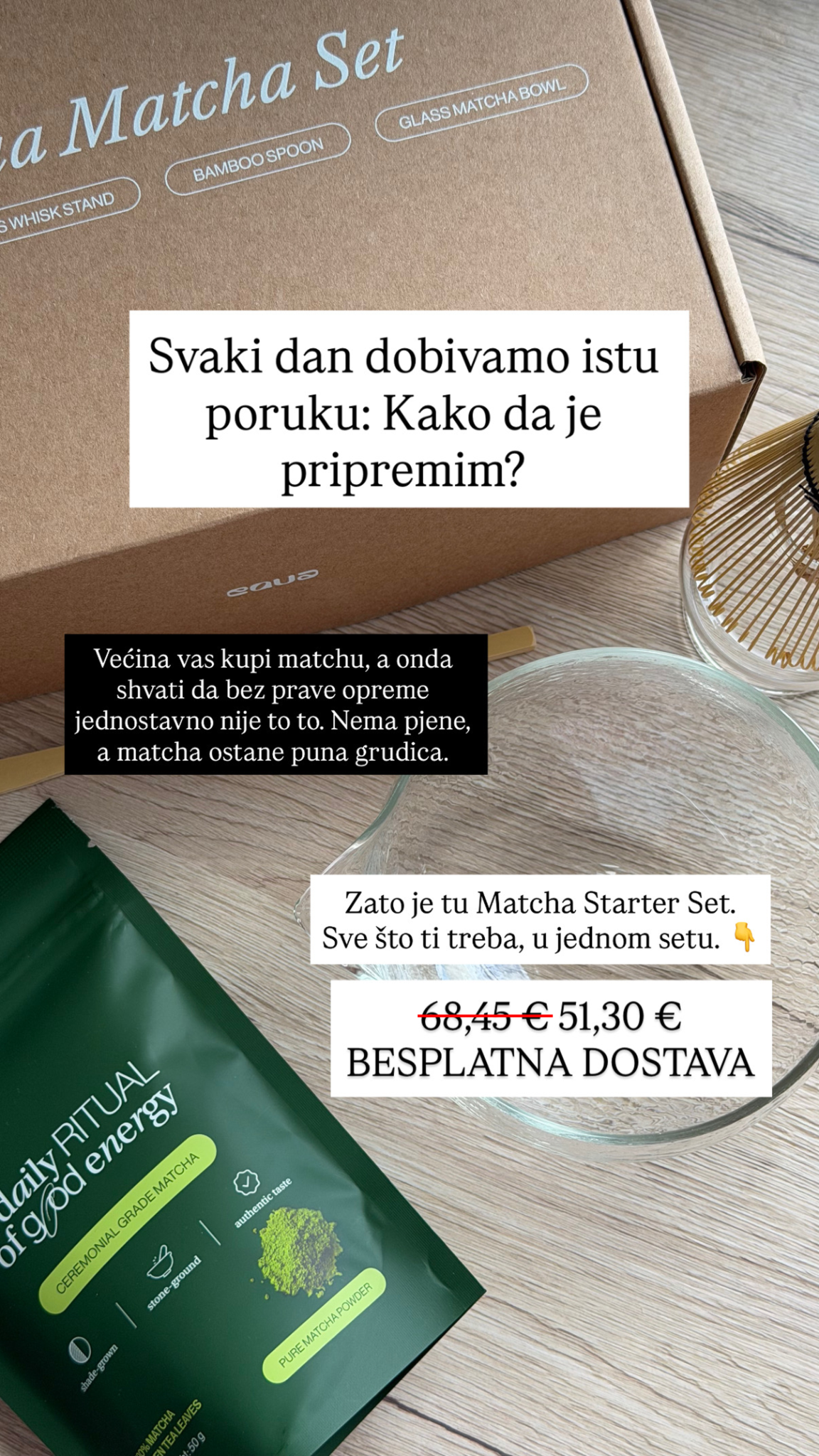 EQUA Facebook ad: Želim Matcha set jeftinije