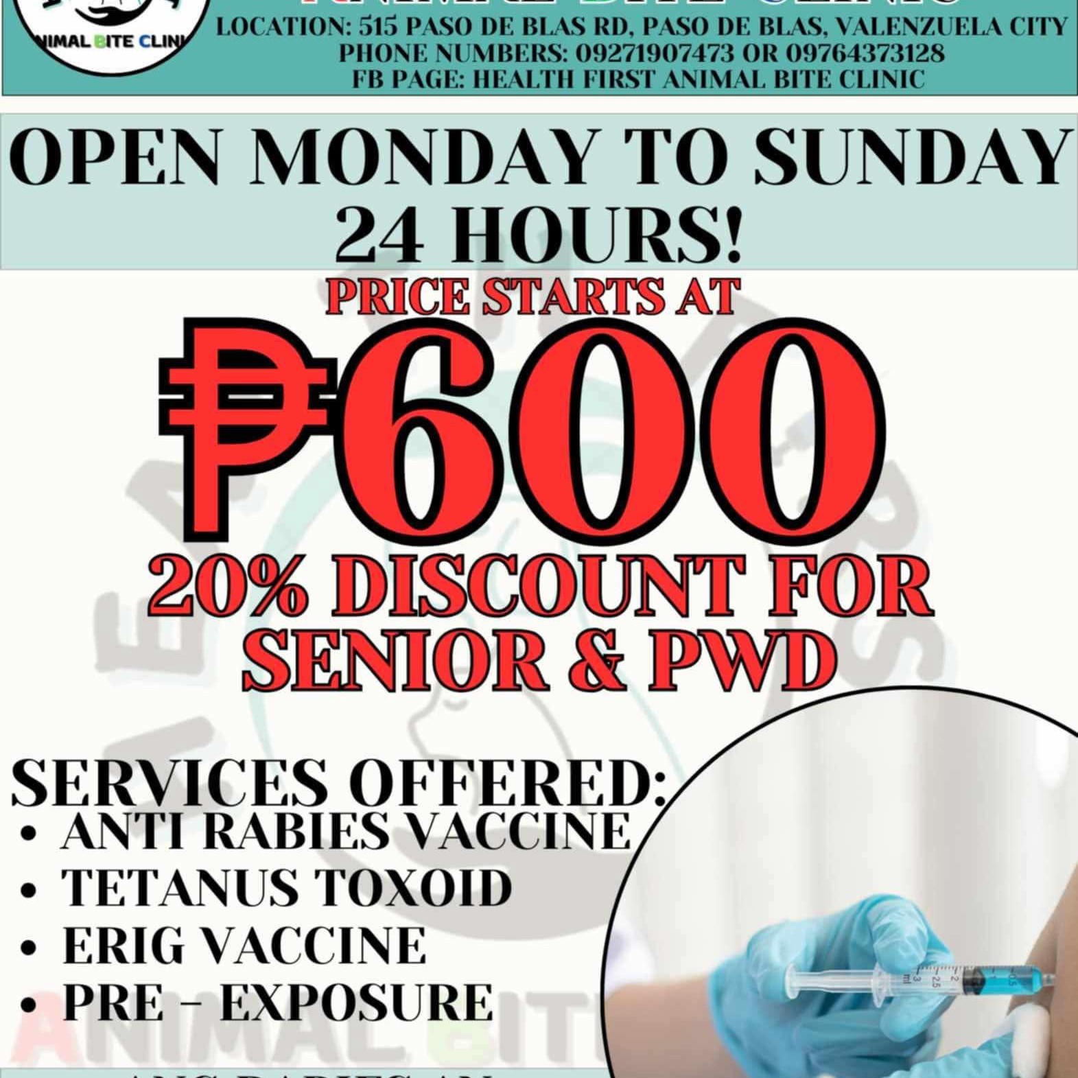 Health First Animal Bite Clinic Facebook ad: Human Anti RABIES VACCINE