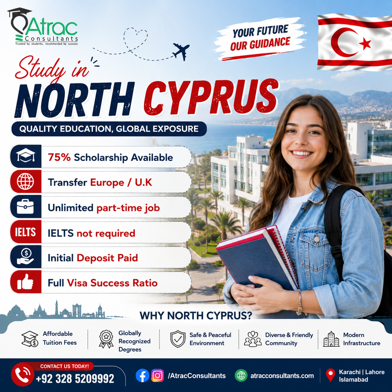 Atrac Consultants Facebook ad: 75% Scholarships | No IELTS | High Visa Success