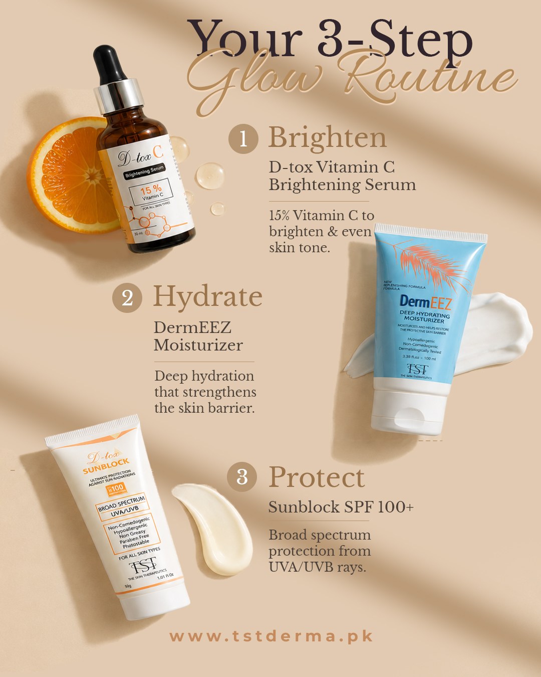 Tstderma Facebook ad: Three steps. One healthy glow.