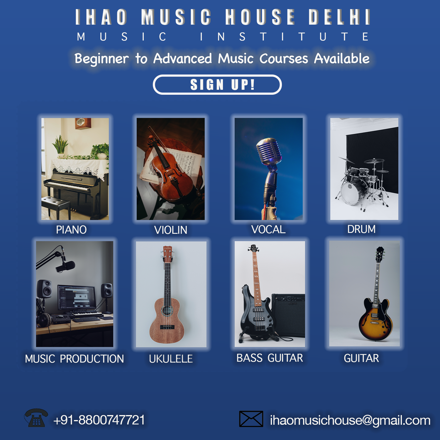 Ihao Music House Delhi Facebook ad: Learn to play an instrument like a pro!