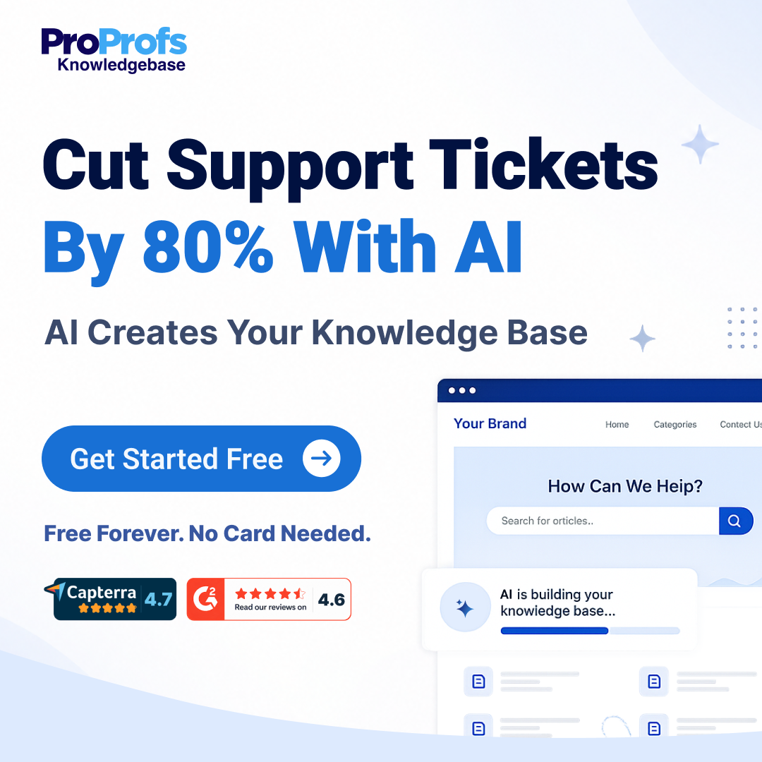 ProProfs.com Facebook ad: AI Knowledge Base - Cut 80% of Tickets