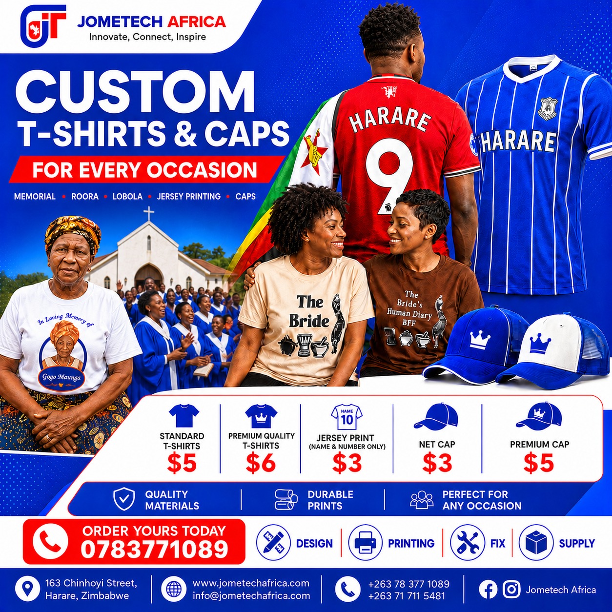 JomeTech Africa Facebook ad: CUSTOM T-SHIRT PRINTING IN HARARE FROM ONLY $5!