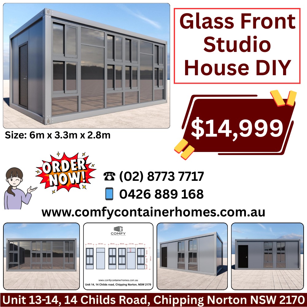 Comfy Container Homes Facebook ad: Need a Modern Glass-Front Cabin for Your Backyard…