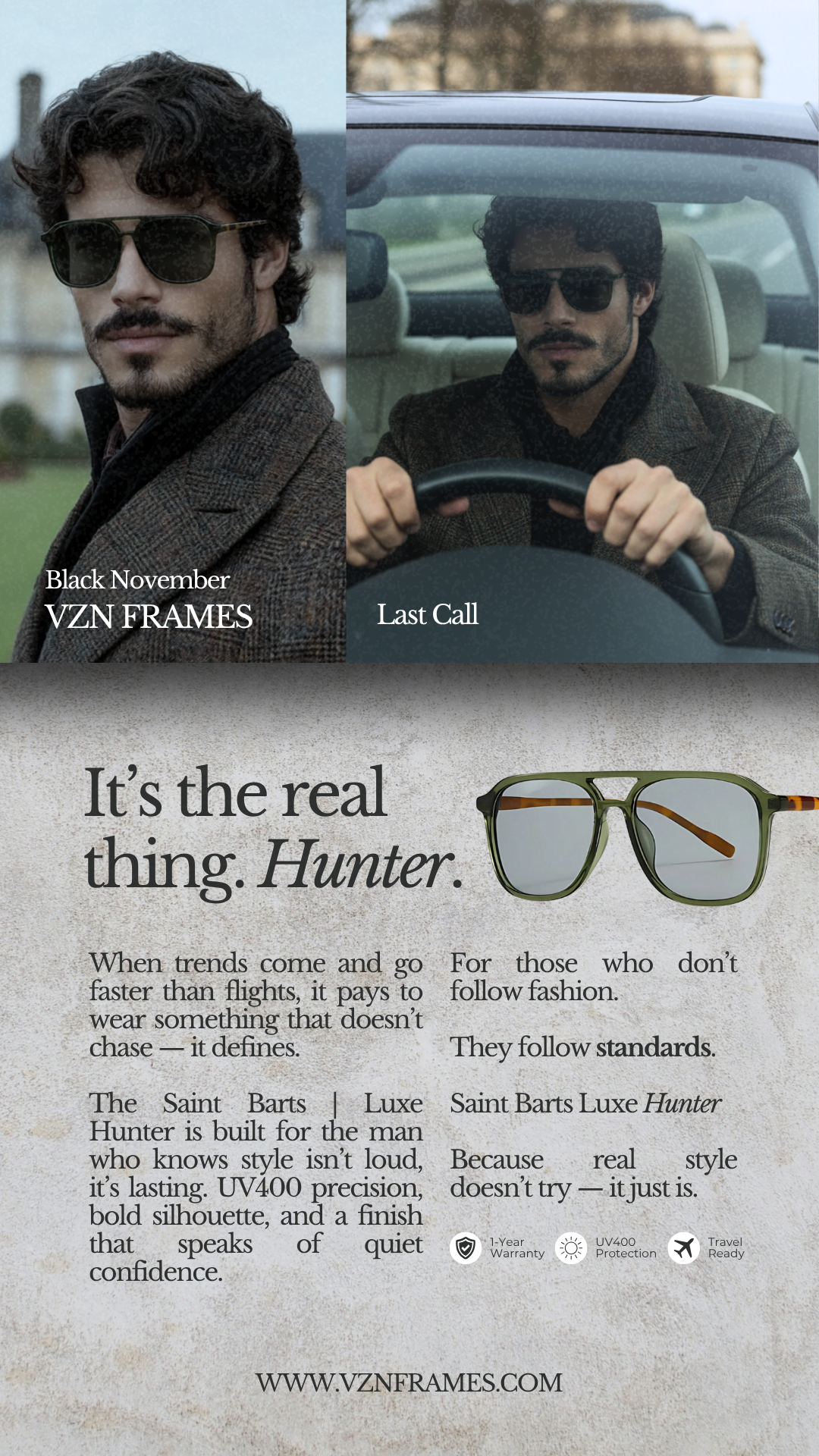 VZN Frames Facebook ad: Luxury look. UV400 shield. All-day comfort.